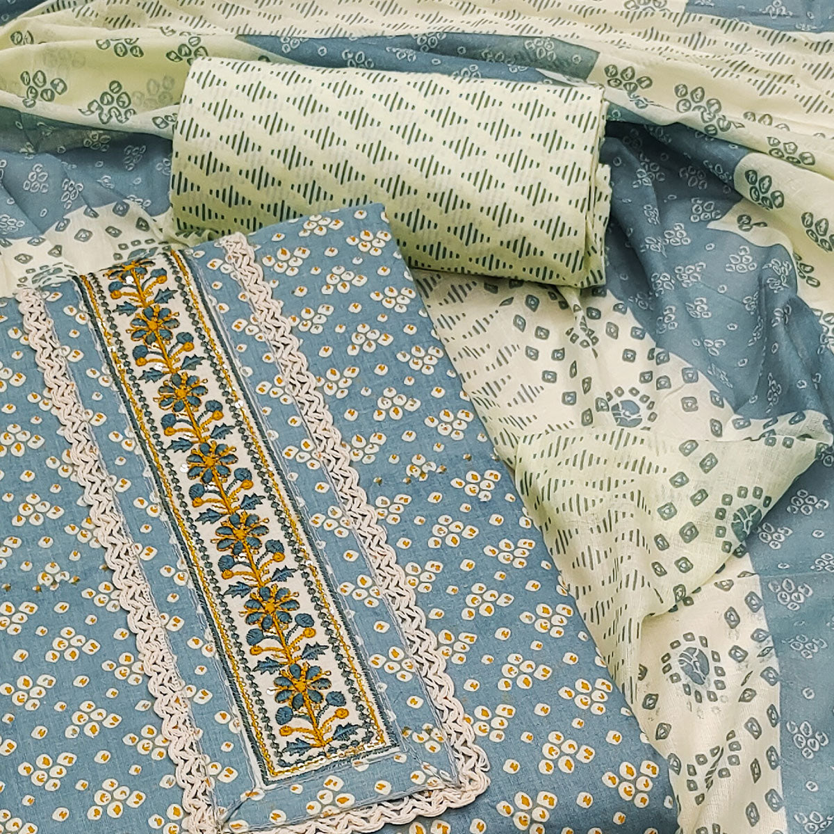 Peachmode Grey Printed With Embroidery Pure Cotton Dress Material - view 2