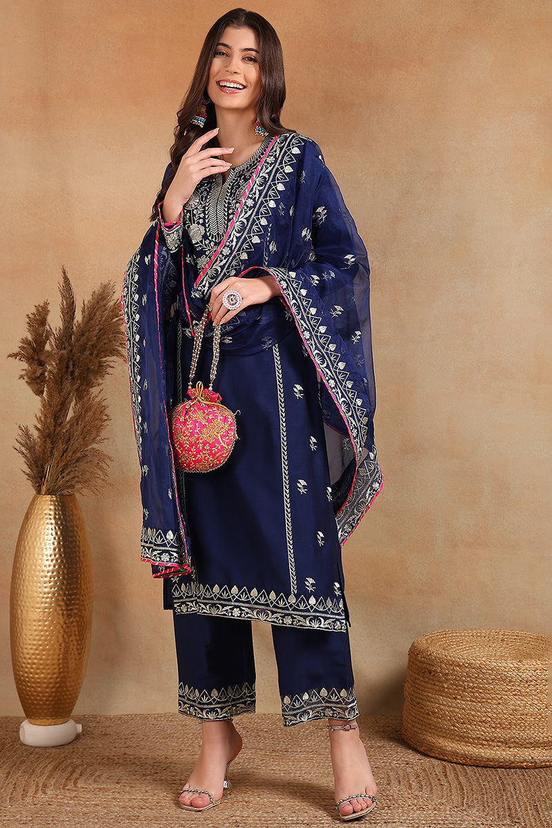 Ahika Navy Blue Silk Blend Solid Yoke Design Straight Palazzo Suit Set PKSKD2486 - view 2