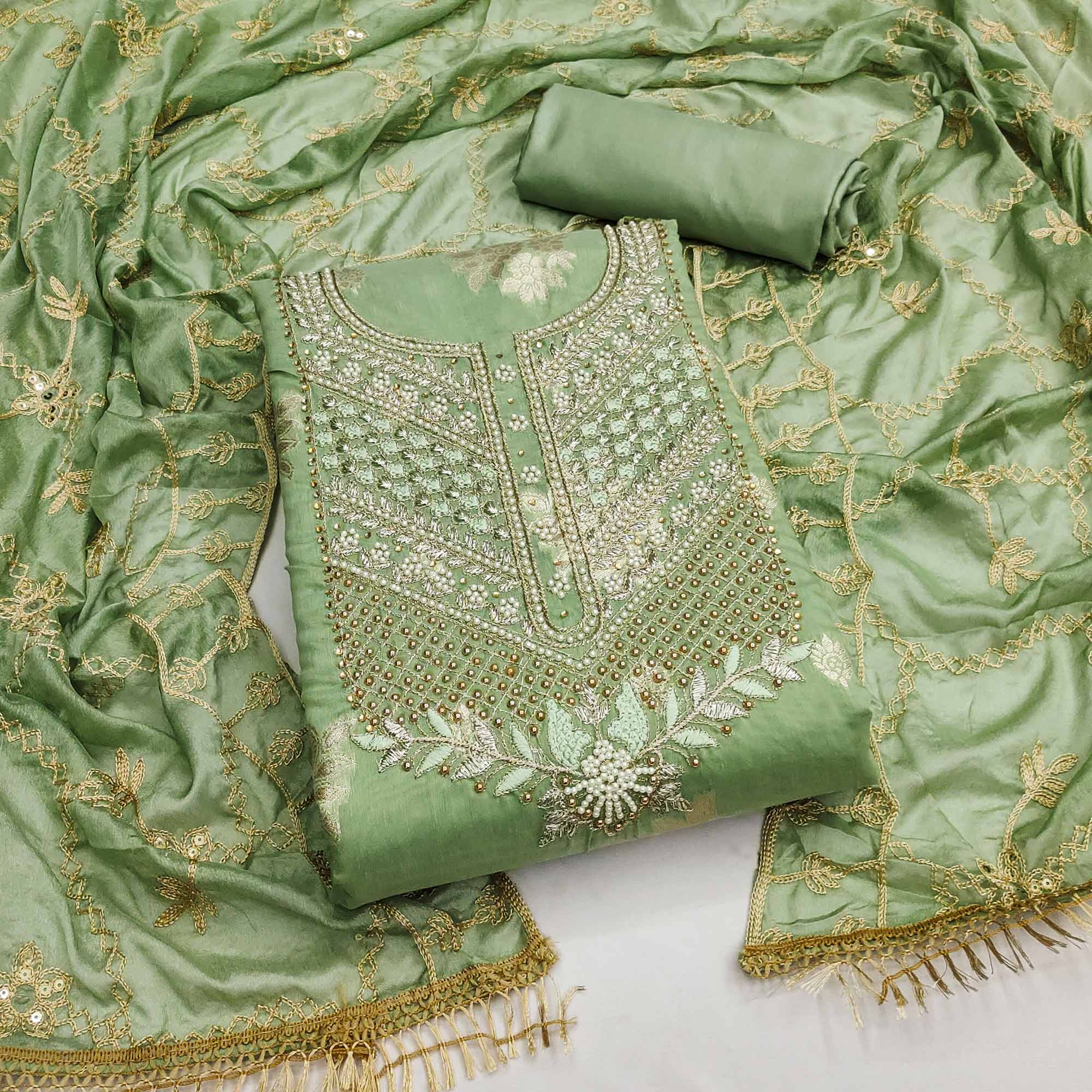 Green dresses – BlackTree green-embroidered-chanderi-silk-dress-material