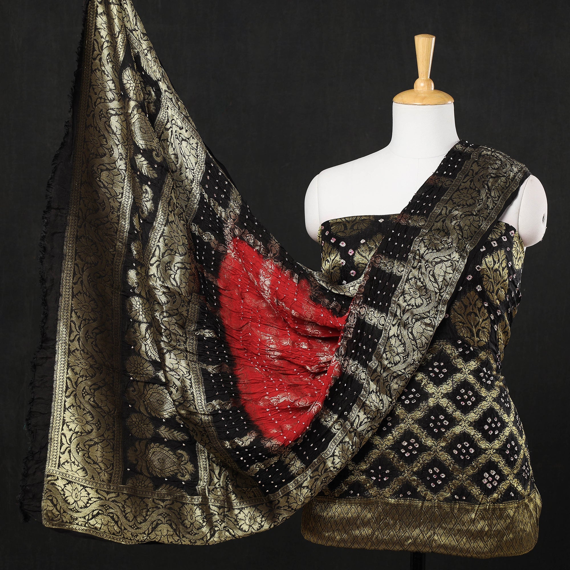 KACHCHH JI CHHAAP Black - 3pc Kutch Bandhani Tie & Dye Jacquard Silk Heavy Zari Work Suit Material Set