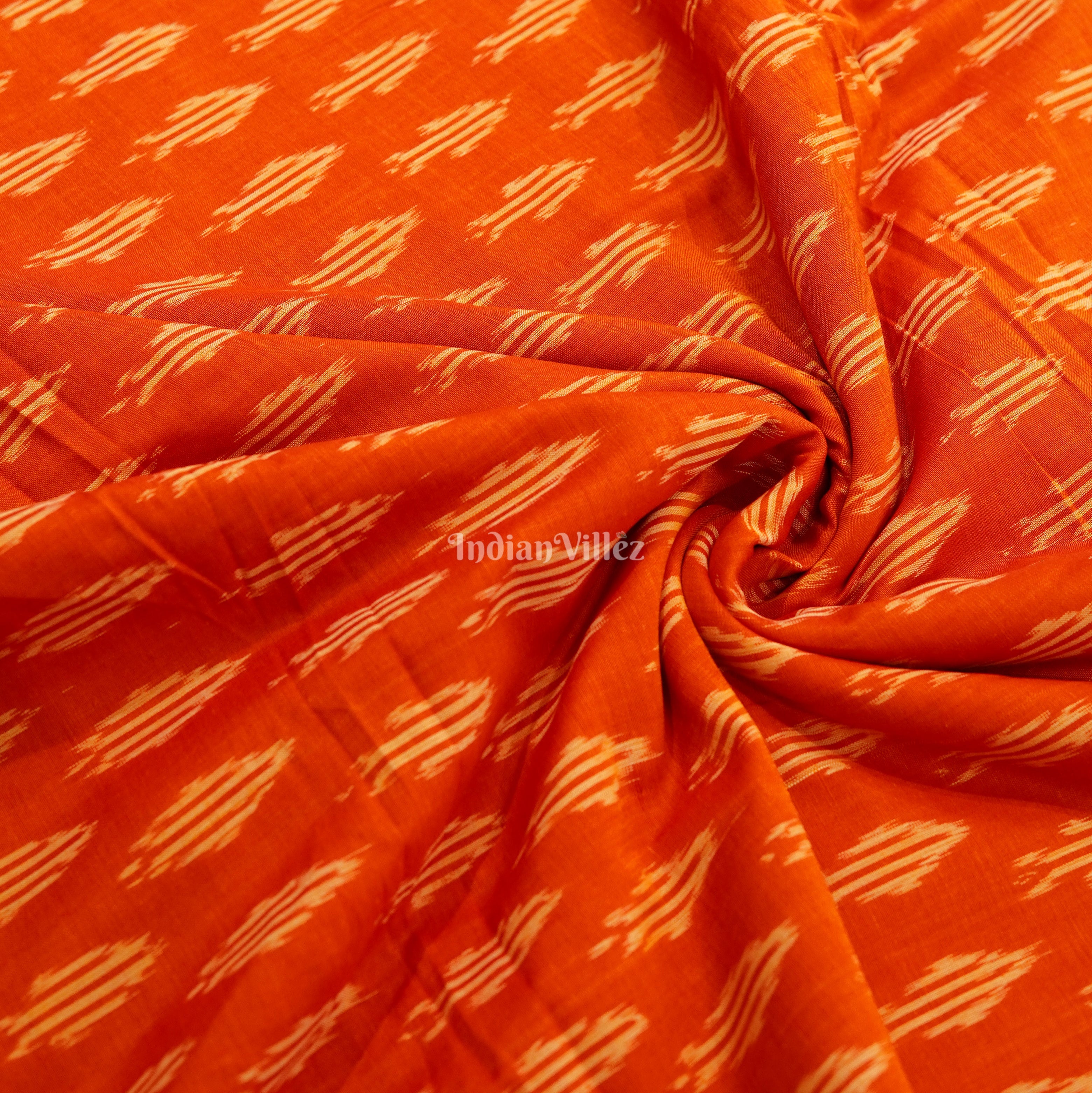 IndianVillèz Redish Orange Handwoven Pochampally Ikat Cotton Fabric