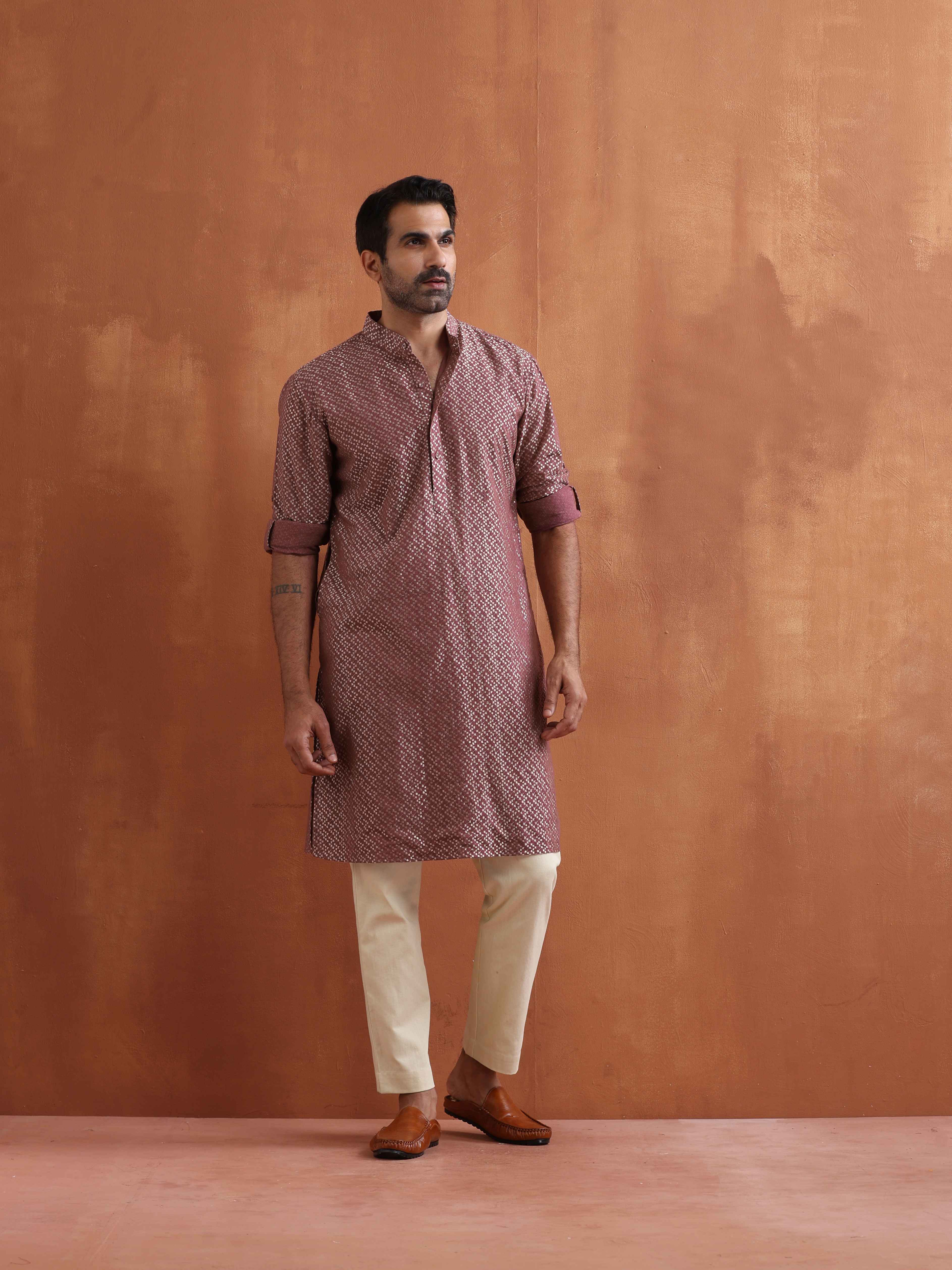 trueBrowns Men's Purple Cotton Dobby Kurta - view 2
