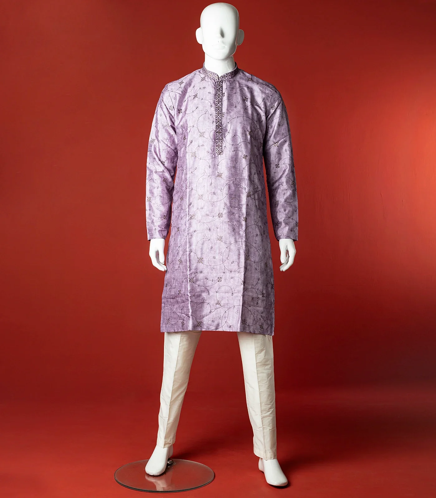 RmKV Purple Floral Embroidered Kurta With White Straight Fit Pants-Purple-40