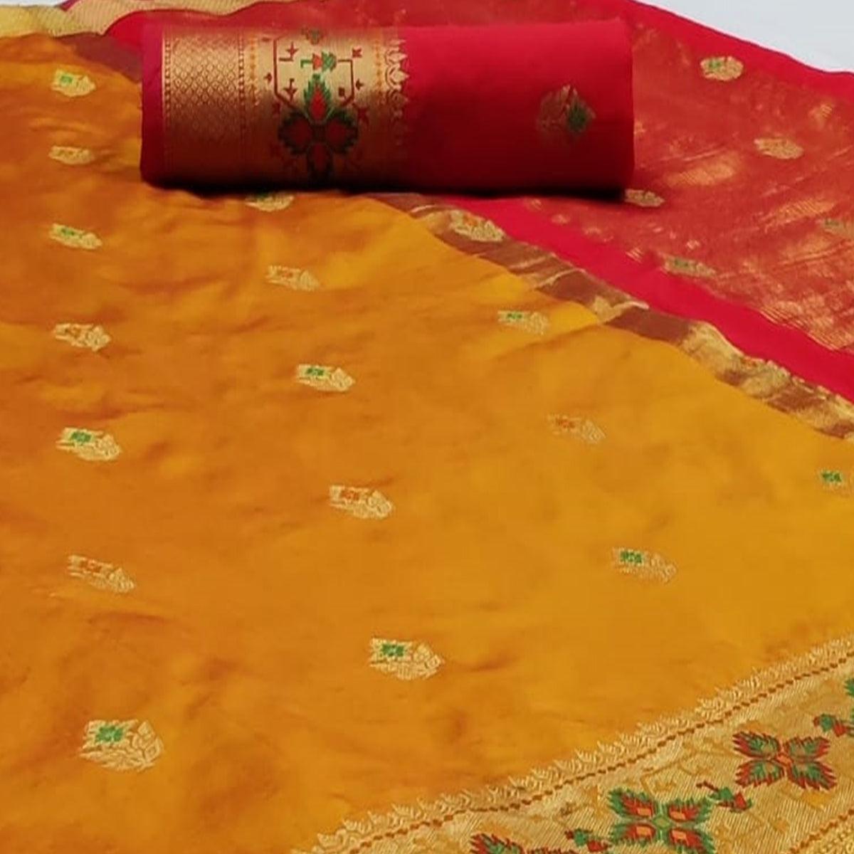 Peachmode Engrossing Mustard Yellow Colored Festive Wear Woven Silk Saree - view 2