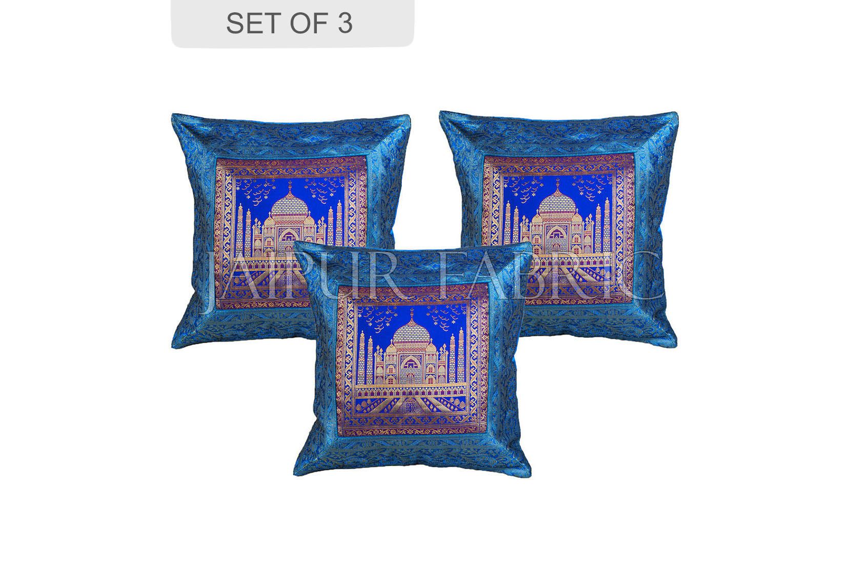 JaipurFabric® Blue Taj Mahal Thread Work cushion cover