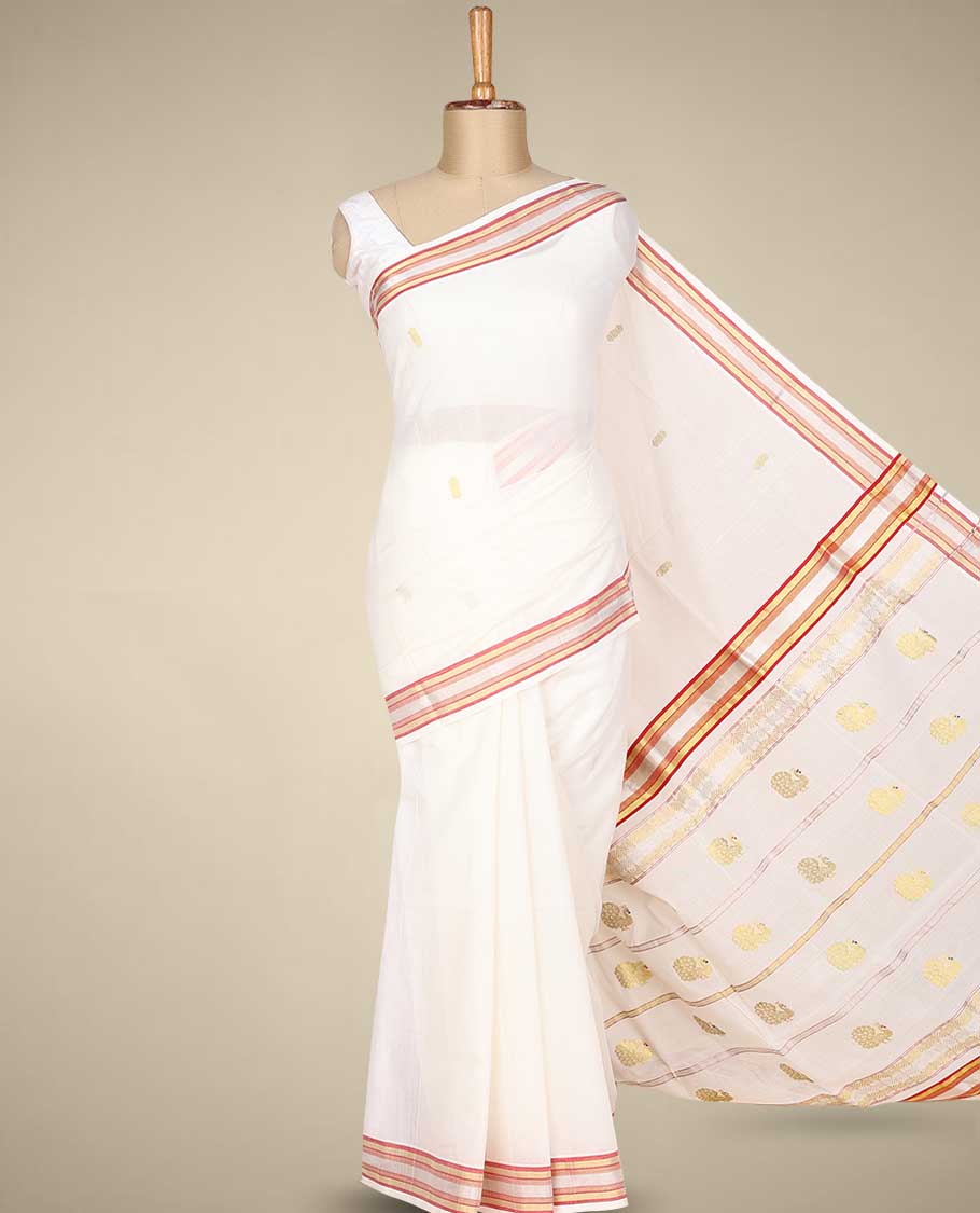 Pothys Cream kerala saree with zari buttas on its body, zari border & pallu features peacock designs