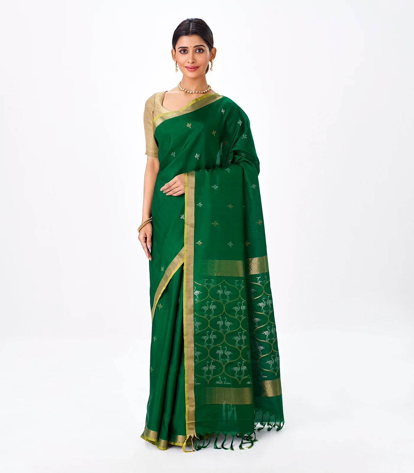 RmKV Dark Green Handloom Uppada Silk Saree With Zari Buttas