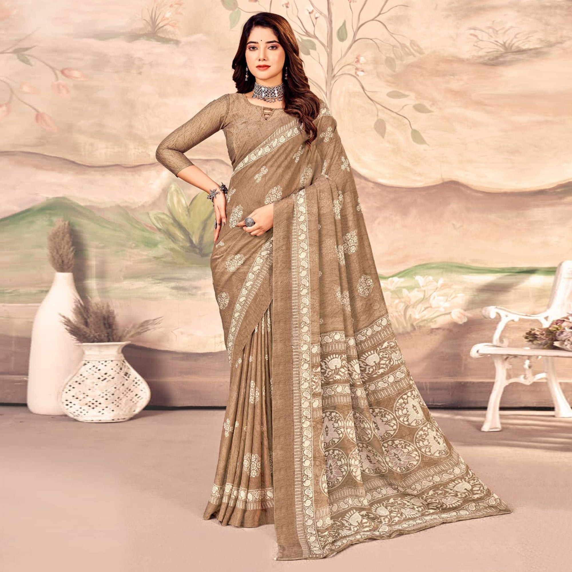 Peachmode Chikoo Floral Printed Chiffon Saree