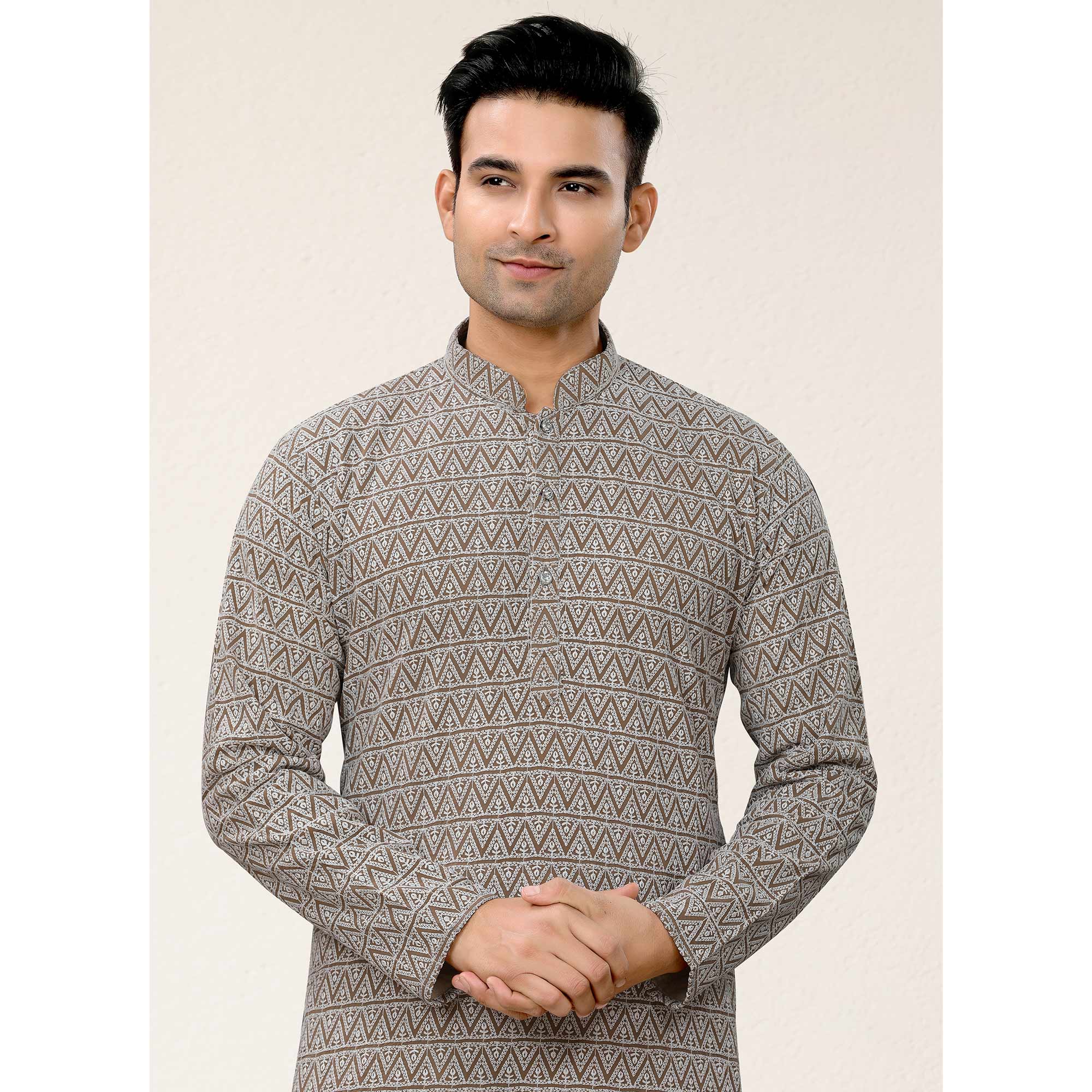 Peachmode Seller Brown Lucknowi Embroidered Georgette Kurta Pyjama Set - view 4