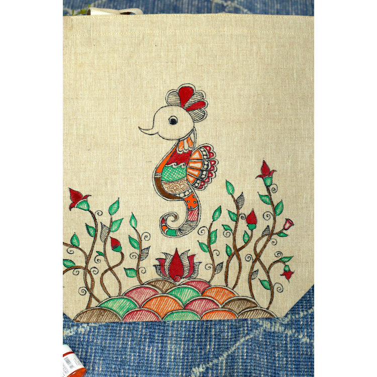 DIORAMA DESIGNS Beige - Artisan Elegance Handpainted Cotton Jute Tote Bag - view 3