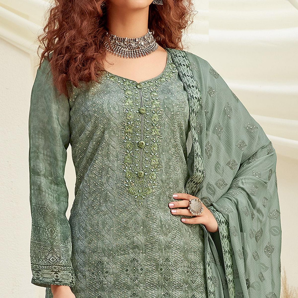 Peachmode Elegant Green Colored Embroidered With Digital Printed Partywear Pure Viscose Chinnon Chiffon Palazzo Suit - view 2