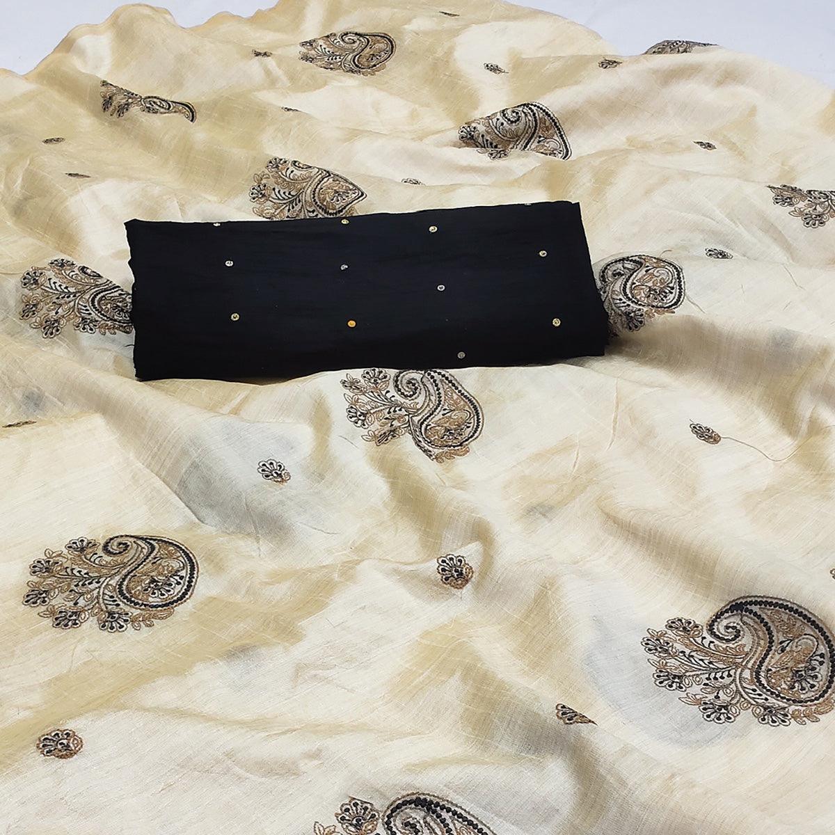 Peachmode Cream-Black Embroidered Assam Silk Saree - view 2