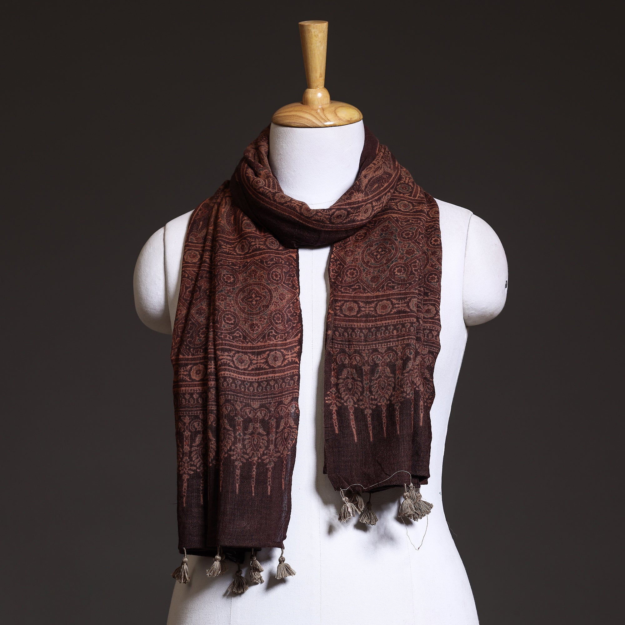 AJRAKH BY SUFIYAN ISMAIL KHATRI Brown - Ajrakh Block Printed Pure Woolen Stole