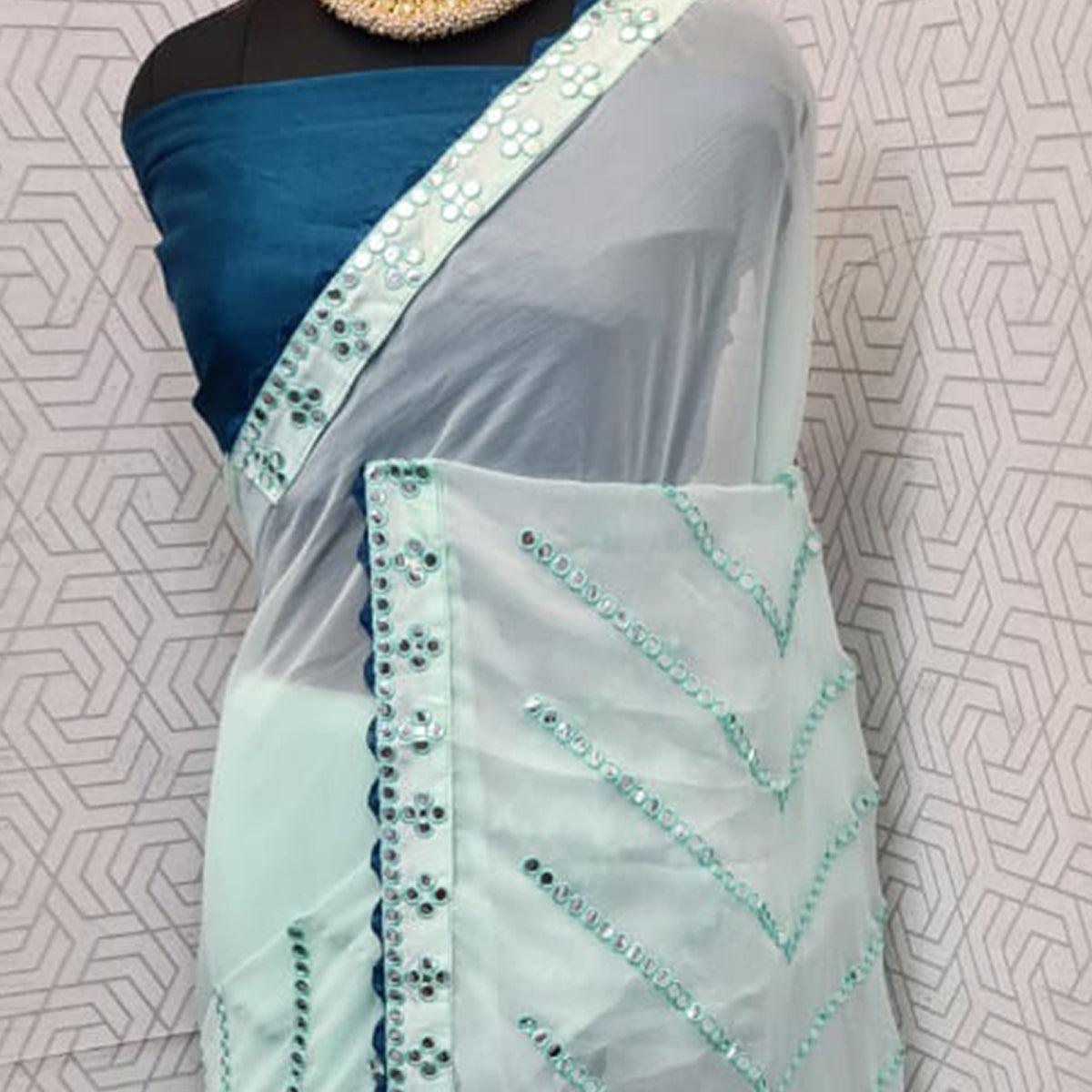 Peachmode Light Green Festive Wear Mirron Work Chiffon Saree - view 4