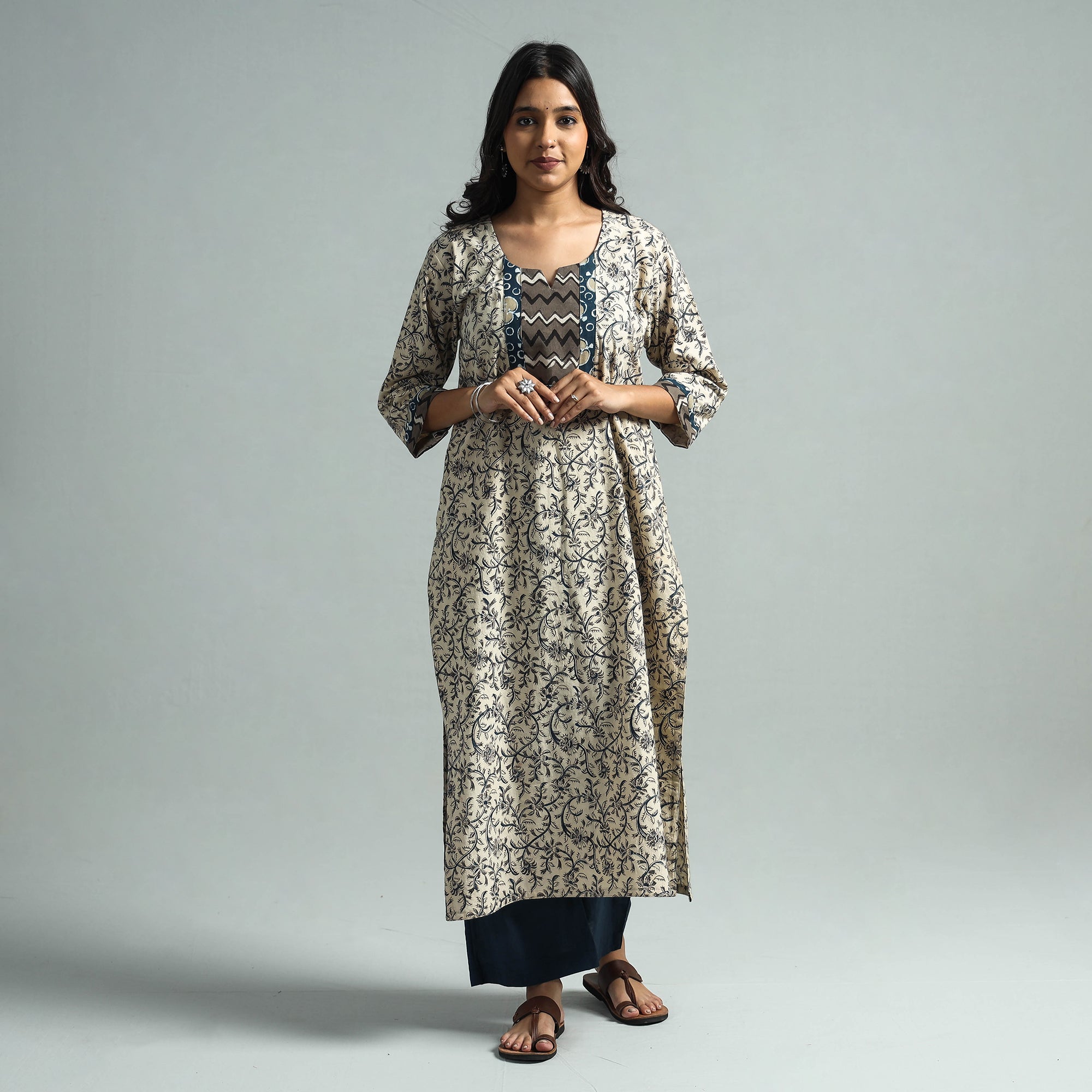 ITOKRI CASUALS Beige - Pedana Kalamkari Block Printed Cotton Kurta with Palazzo Set - view 2
