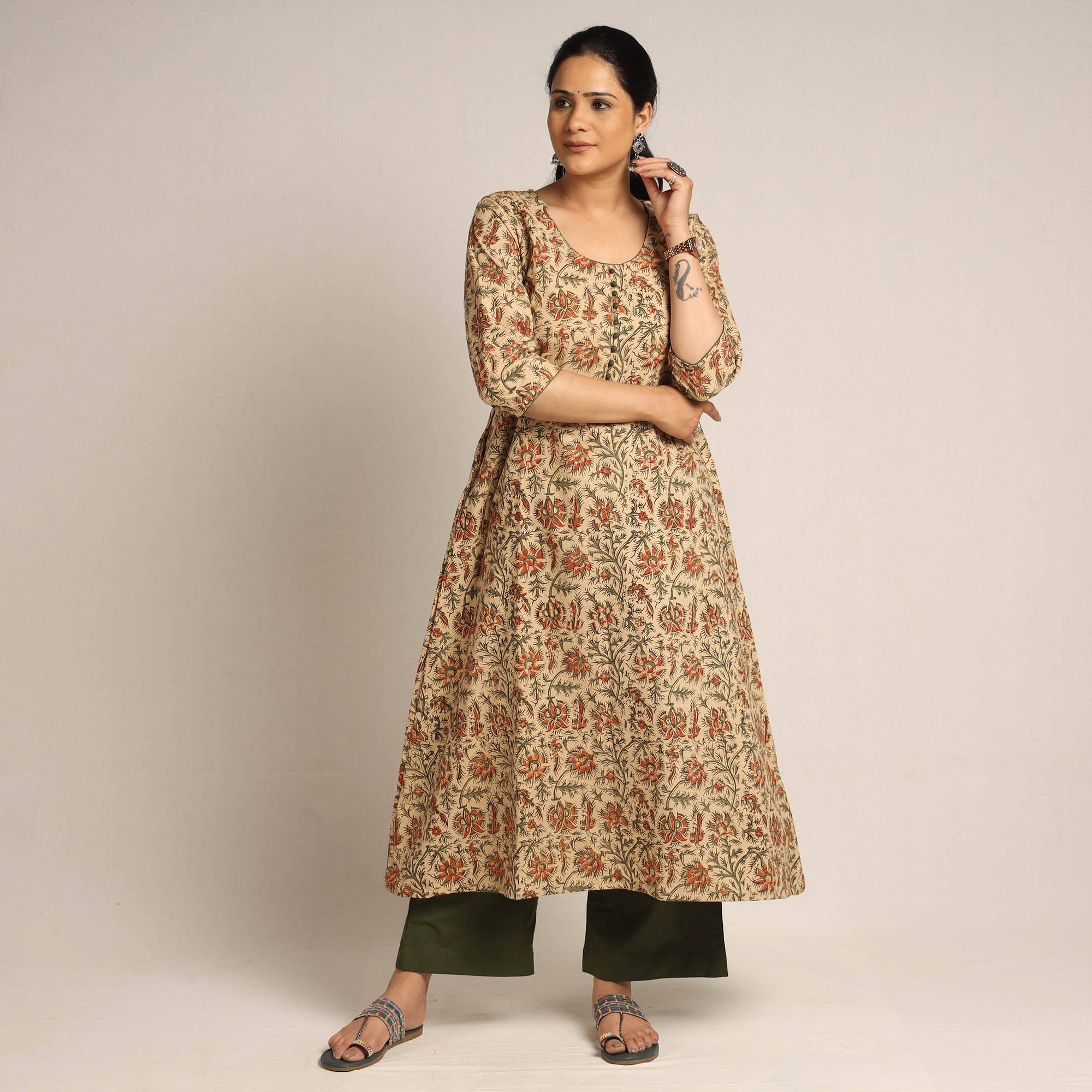 ITOKRI CASUALS Beige - Pedana Kalamkari Block Printed Cotton Kurta with Palazzo Set