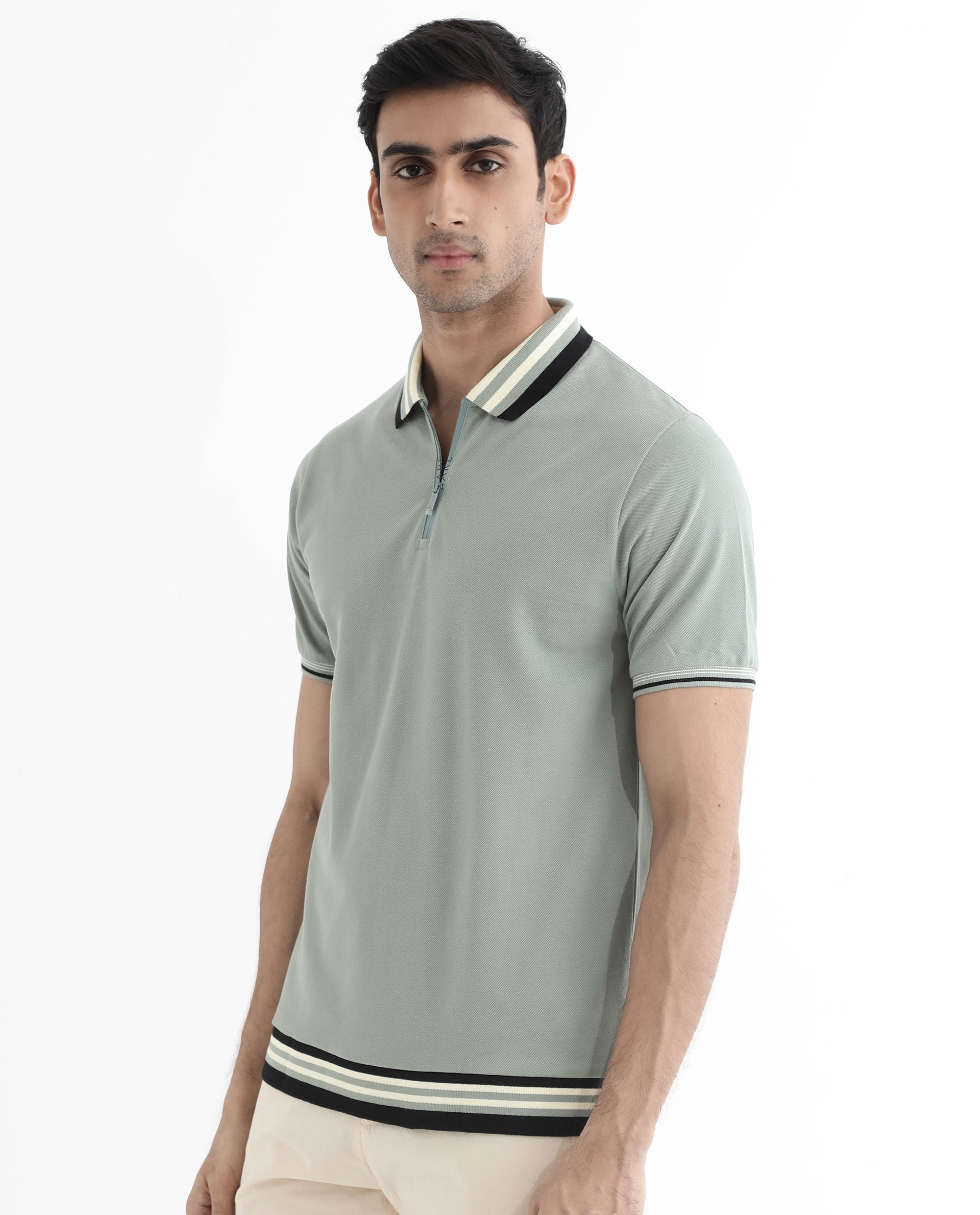 Rare Rabbit Men's Zyte Dusky Green Cotton Fabric Short Sleeves Regular Collar Zipper Closure Plain Knit Polo T-Shirt - view 8