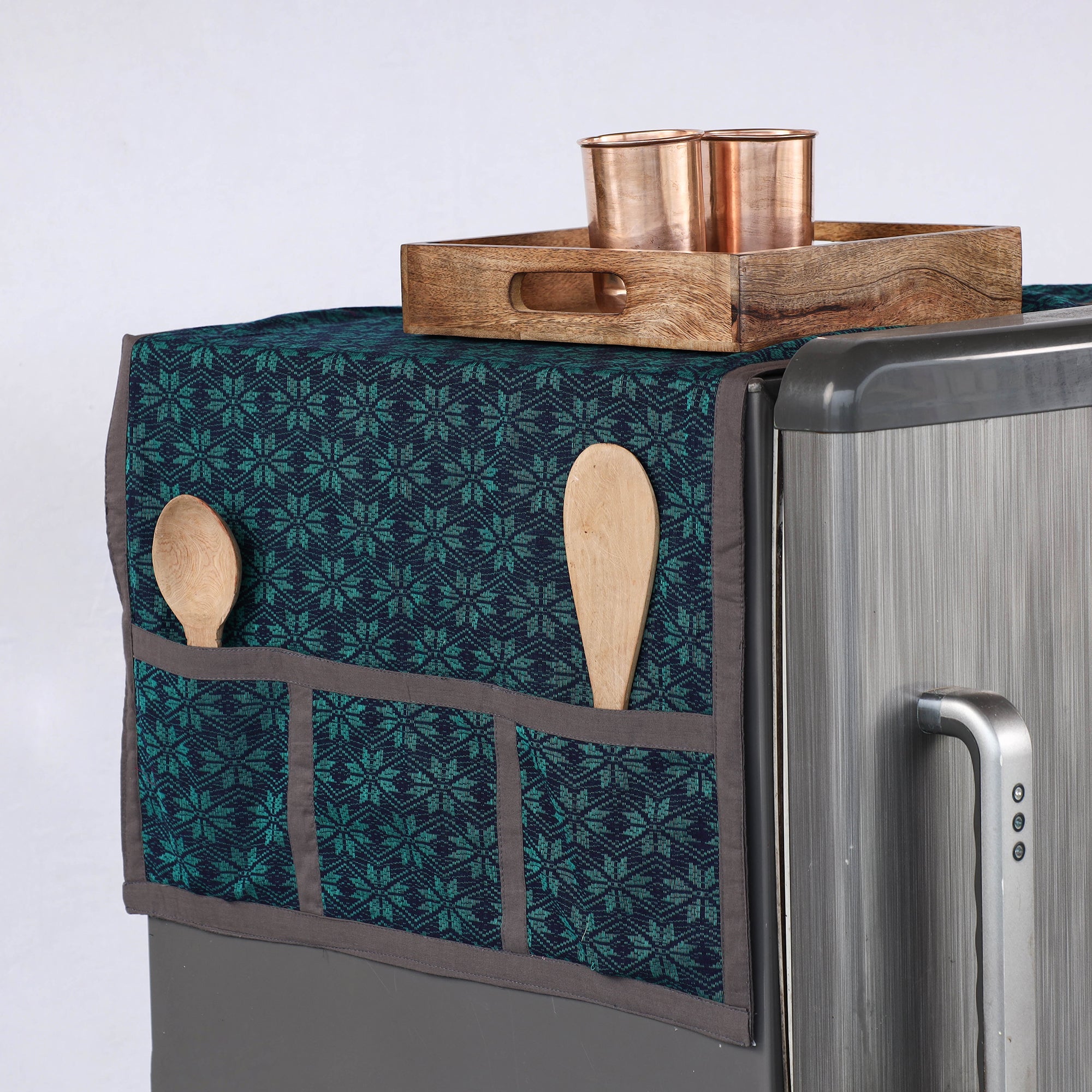 JALPARI Block Printed Cotton Fridge Top Cover with Multiple Pockets