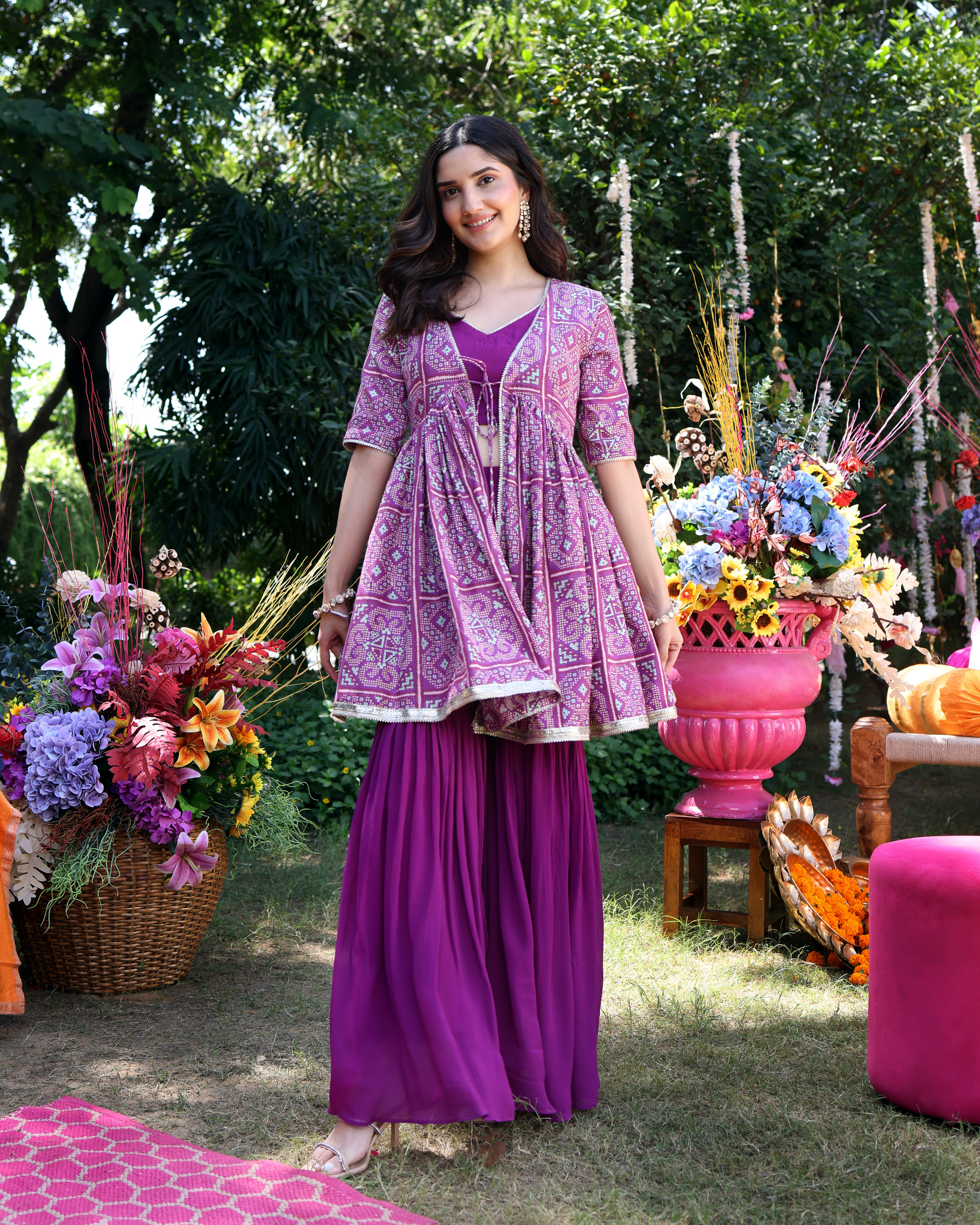 Aachho Geometric Purple Elegance Printed Satin Sharara Set - view 3