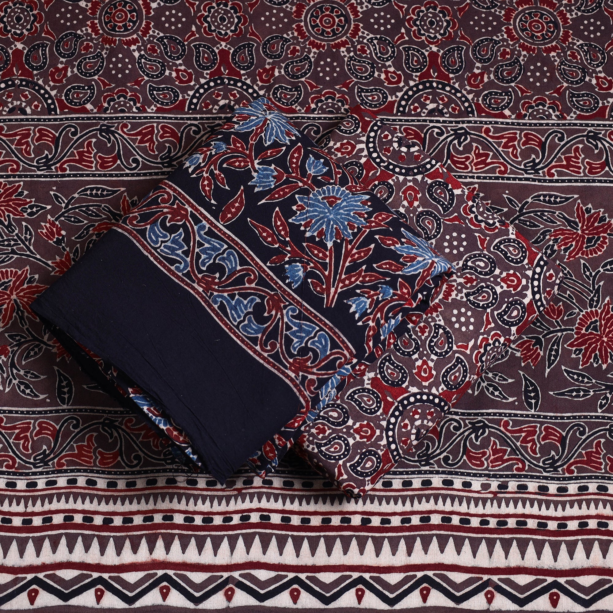 AJRAKH BY JABBAR KHATRI Black - 3pc Ajrakh Block Printed Cotton Suit Material Set - view 2