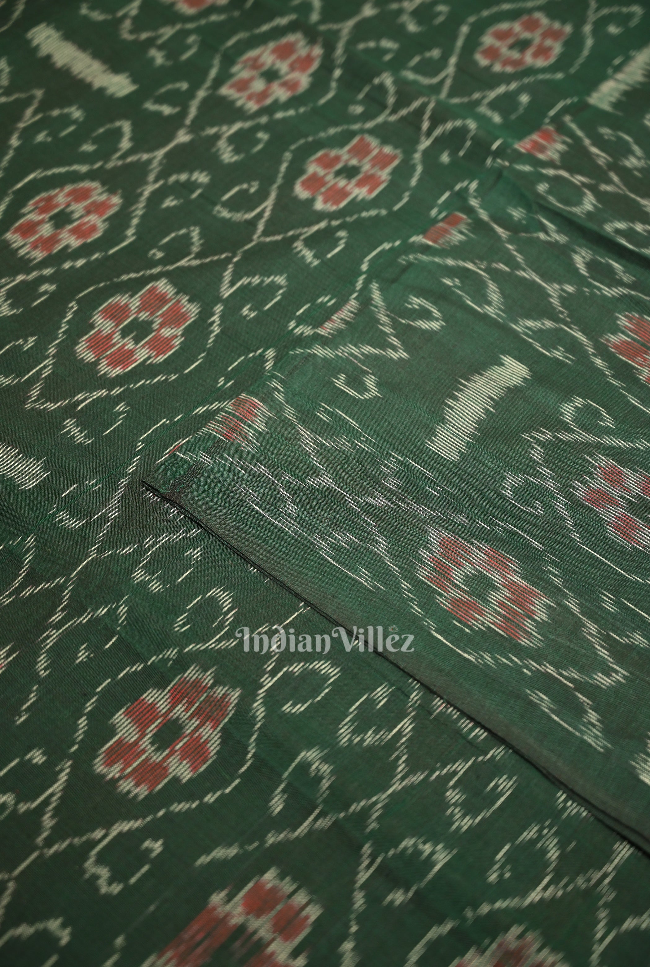 IndianVillèz Bottle Green Flower Pasapali Design Sambalpuri Odisha Ikat Cotton Fabric - view 2