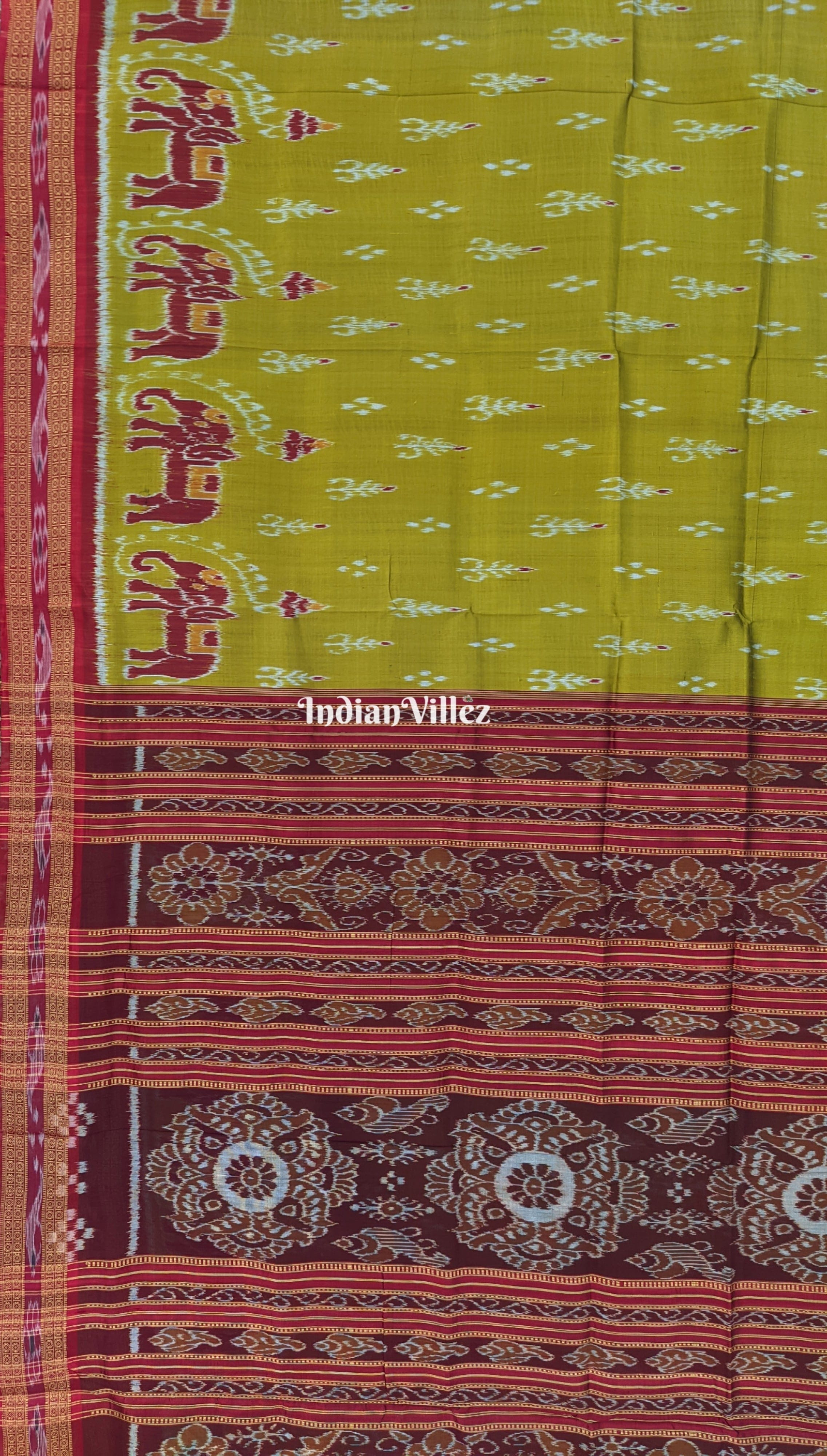 IndianVillèz Mehndi Green Elephant Mayur Chandrika Khandua Silk Saree - view 3