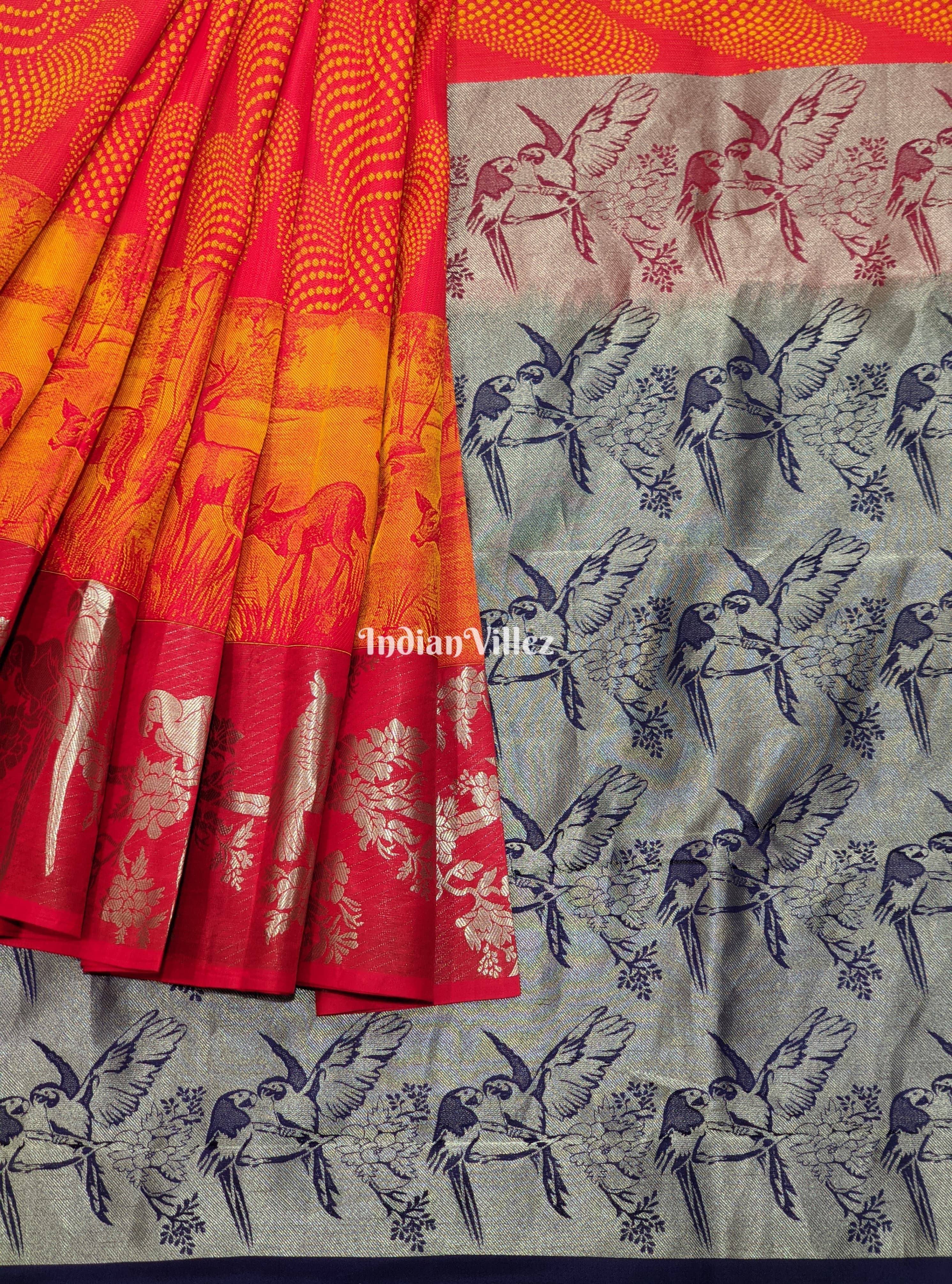 IndianVillèz Red Orange Forest Theme Pure Kanchipuram Silk Saree - view 2