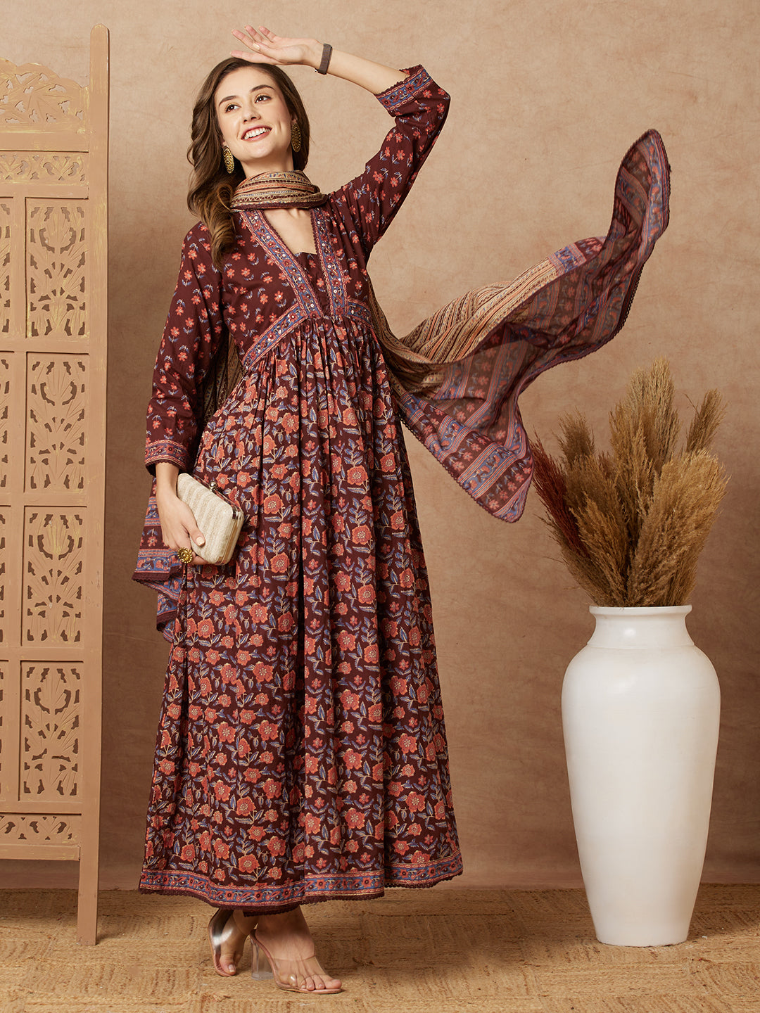 FASHOR Floral Printed & Embroidered A-Line Pleated Kurta with Pant and Dupatta - Brown - view 2