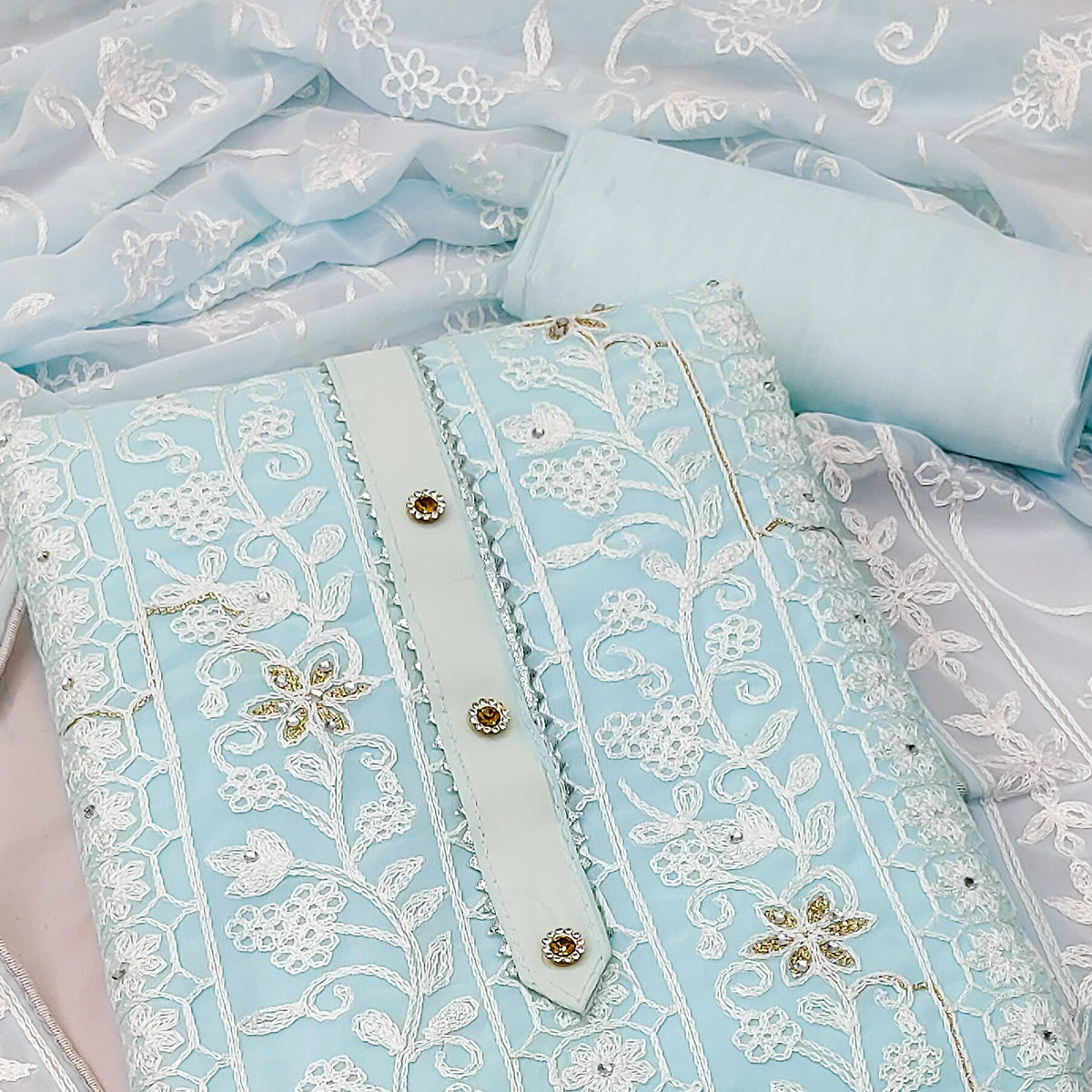 Peachmode Light Blue Lucknowi Embroidered Georgette Dress Material - view 2