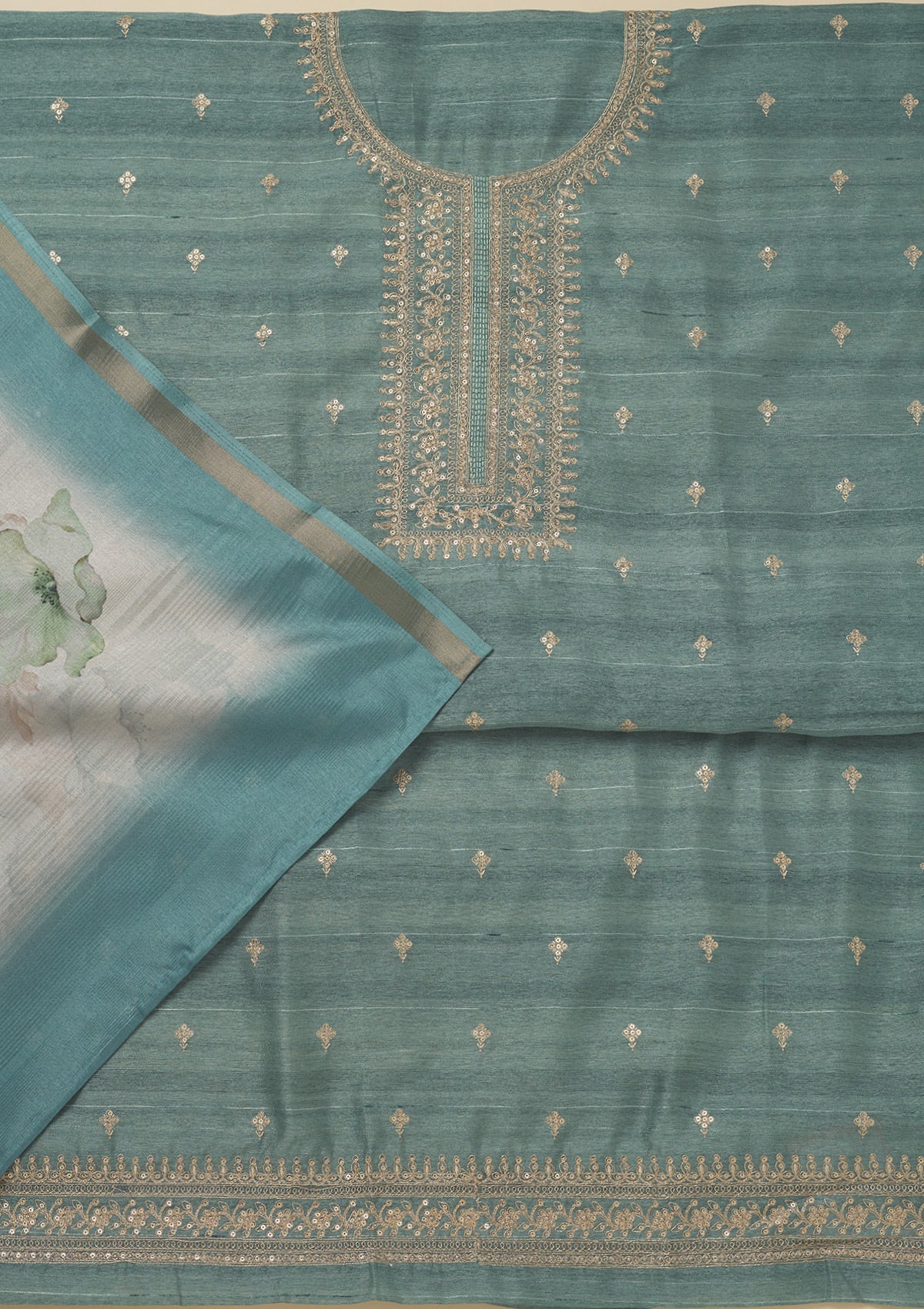 Koskii Sea Green Zariwork Raw Silk Unstitched Salwar Suit - view 3