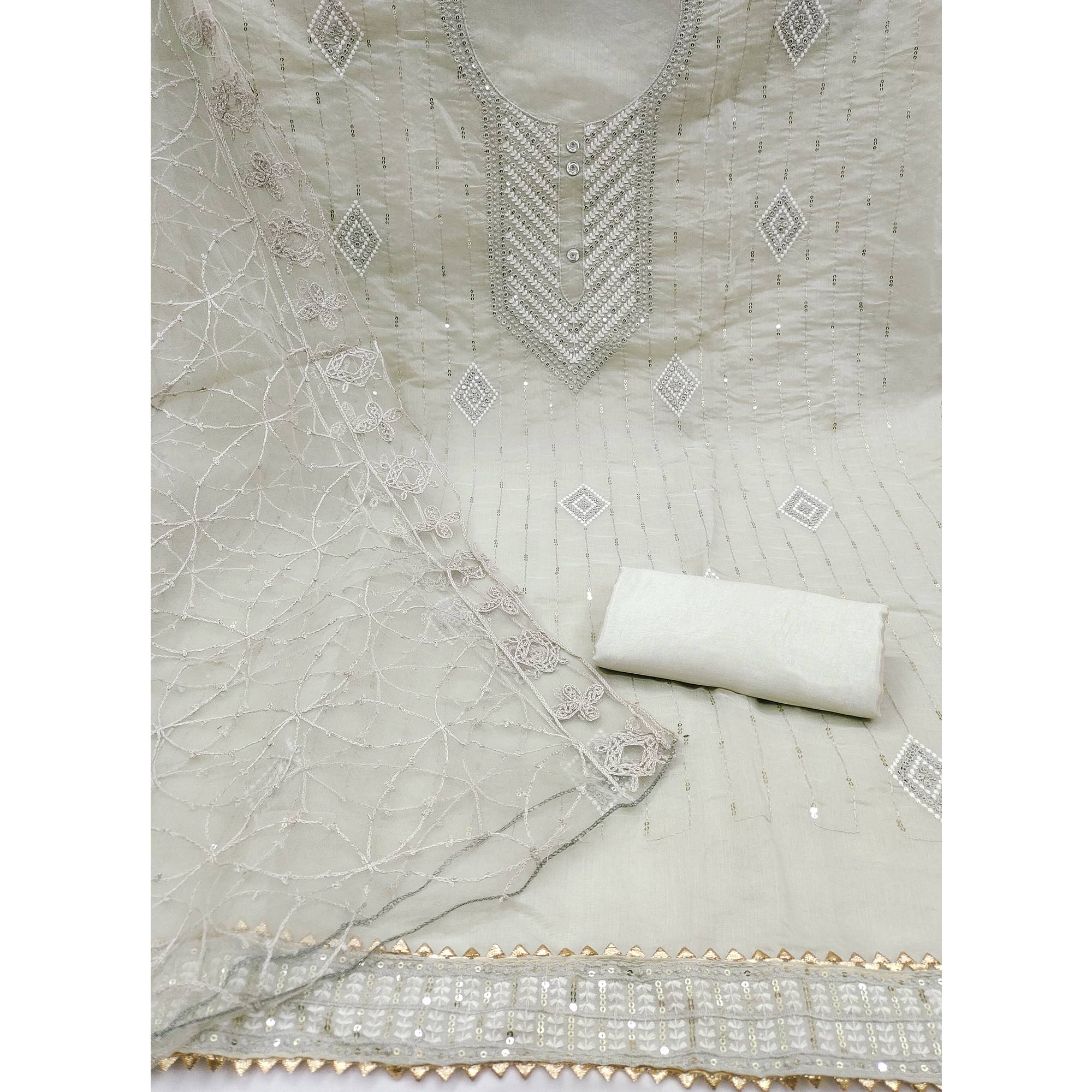 Peachmode Grey Sequins Embroidered Chanderi Dress Material - view 3