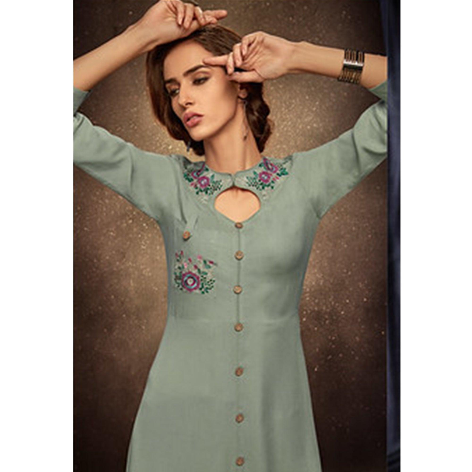 Peachmode Seller Mesmerising Light Pastel Green Colored Partywear Embroidered Rayon Long Kurti - view 2