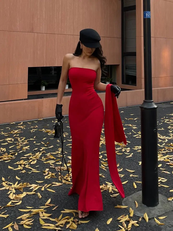 Alamode By Akanksha Alamea Offshoulder Statement Dress with Scarf in Red