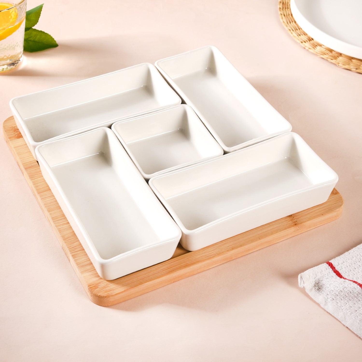 Nestasia White Ceramic Bowls With Bamboo Tray Set Of 5 - view 2