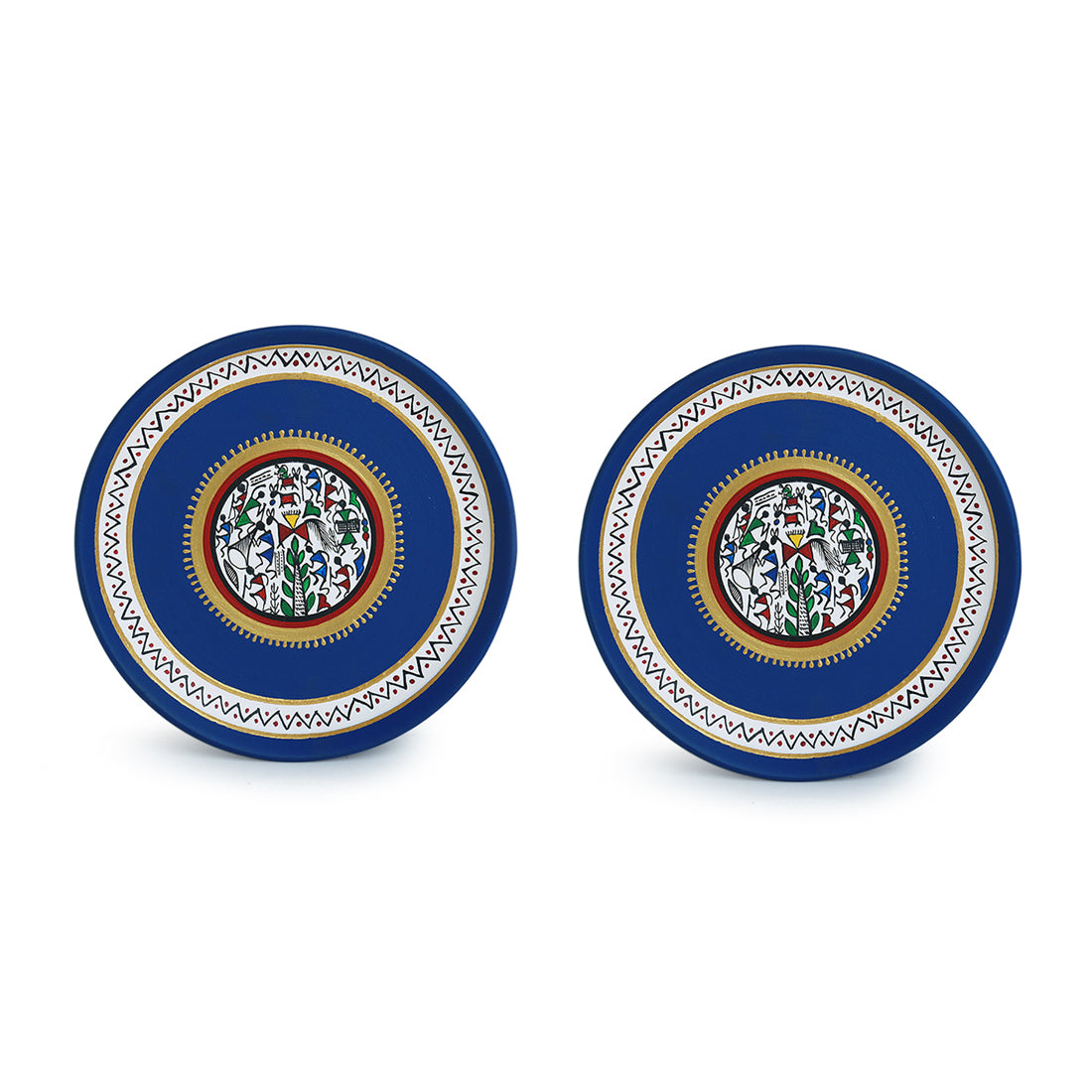 EXCLUSIVELANE 'The Warli Tales' Hand Painted Terracotta Wall Plates Wall Décor (8 inch, Set of 2, Blue) - view 2