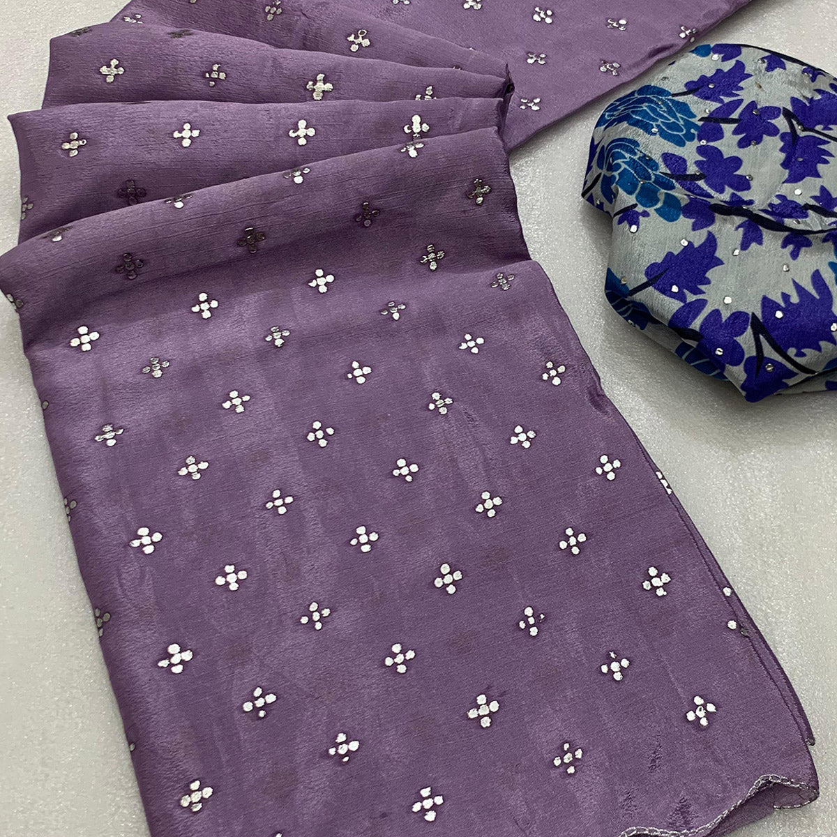 Peachmode Lavender Mukaish Work Chinon Sareee - view 2