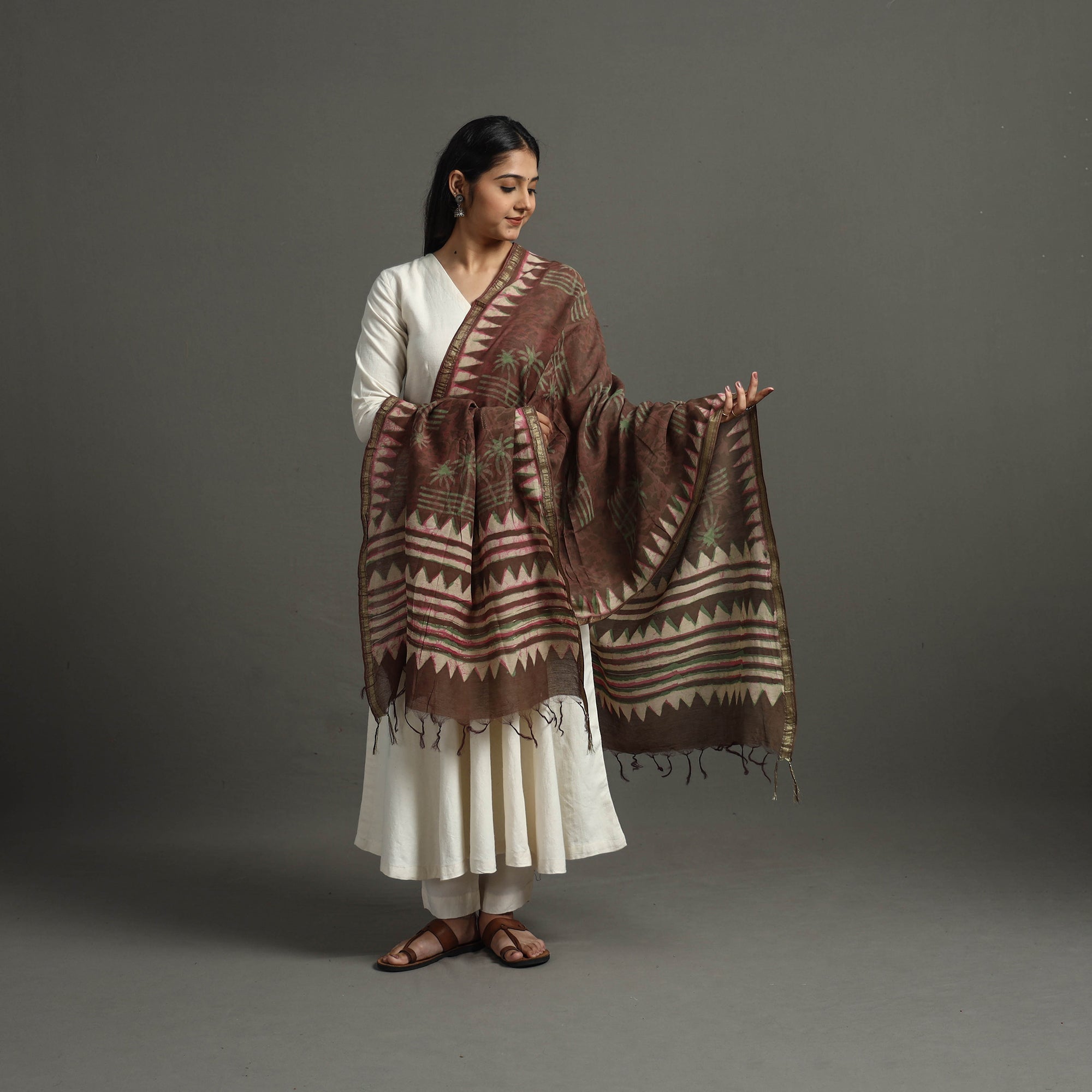 BAGRU DABU PRINTS Brown - Block Printed Chanderi Silk Bagru Dupatta 16 - view 2