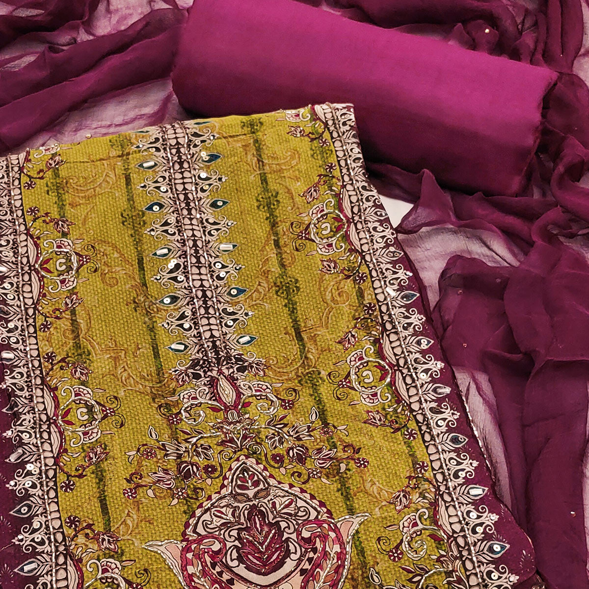 Peachmode Wine Sequins Embroidery With Printed Crepe Dress Material - view 2