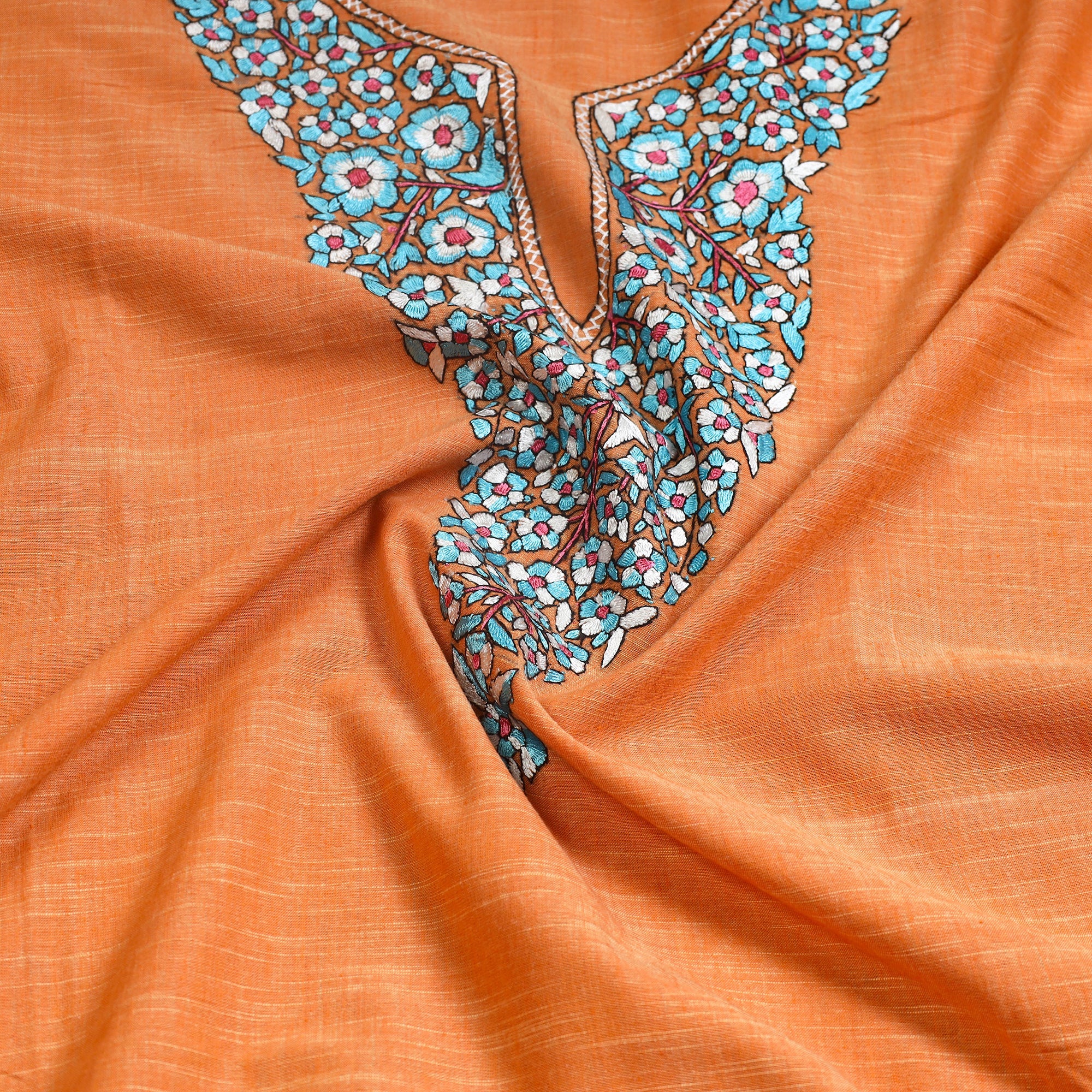 ITOKRI CRAFTS INITIATIVE Orange - Kashida Hand Embroidery Cotton Kurta Material (2.5m) 22 - view 2