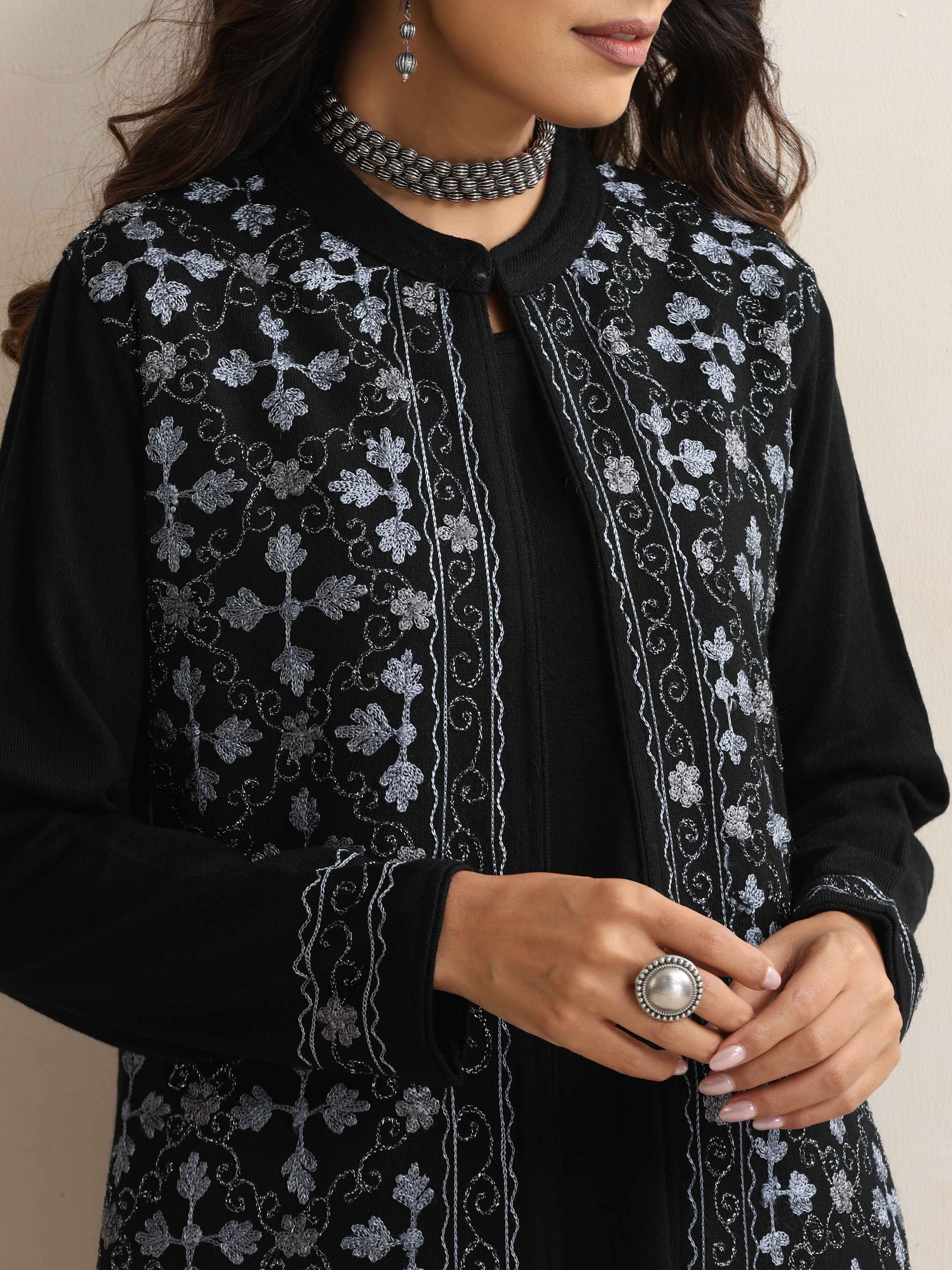 trueBrowns Black Kashmiri Woollen Jacket 3pc Set - view 6