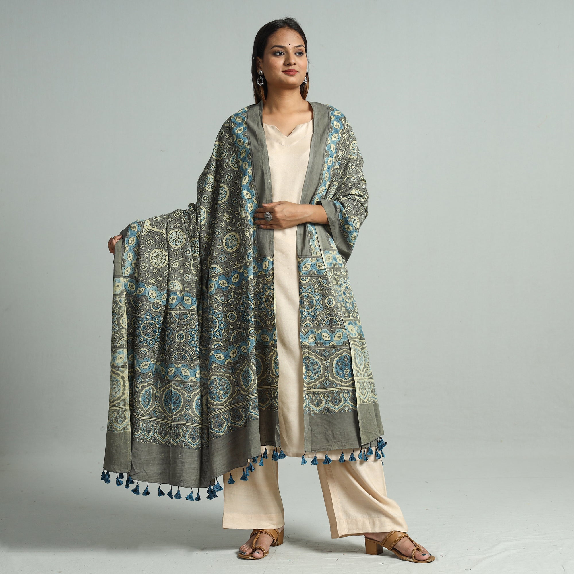 AJRAKH BY SUFIYAN ISMAIL KHATRI Brown - Hand Block Printed Cotton Ajrakh Dupatta 164