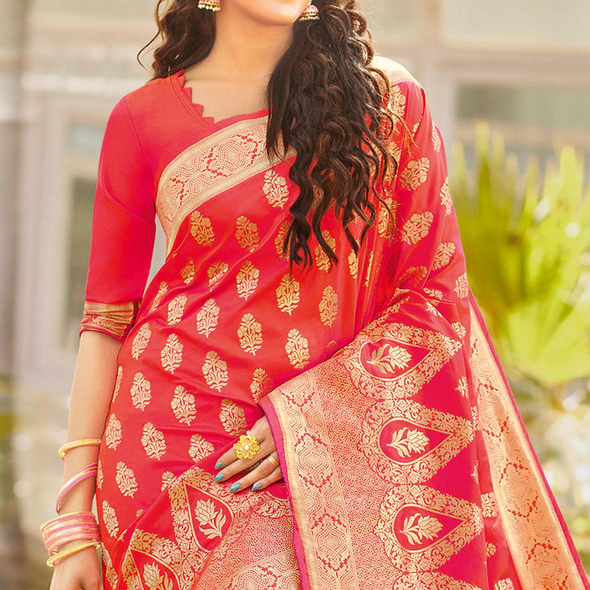 Peachmode Flamboyant Pink Colored Festive Wear Woven Silk Saree - view 2