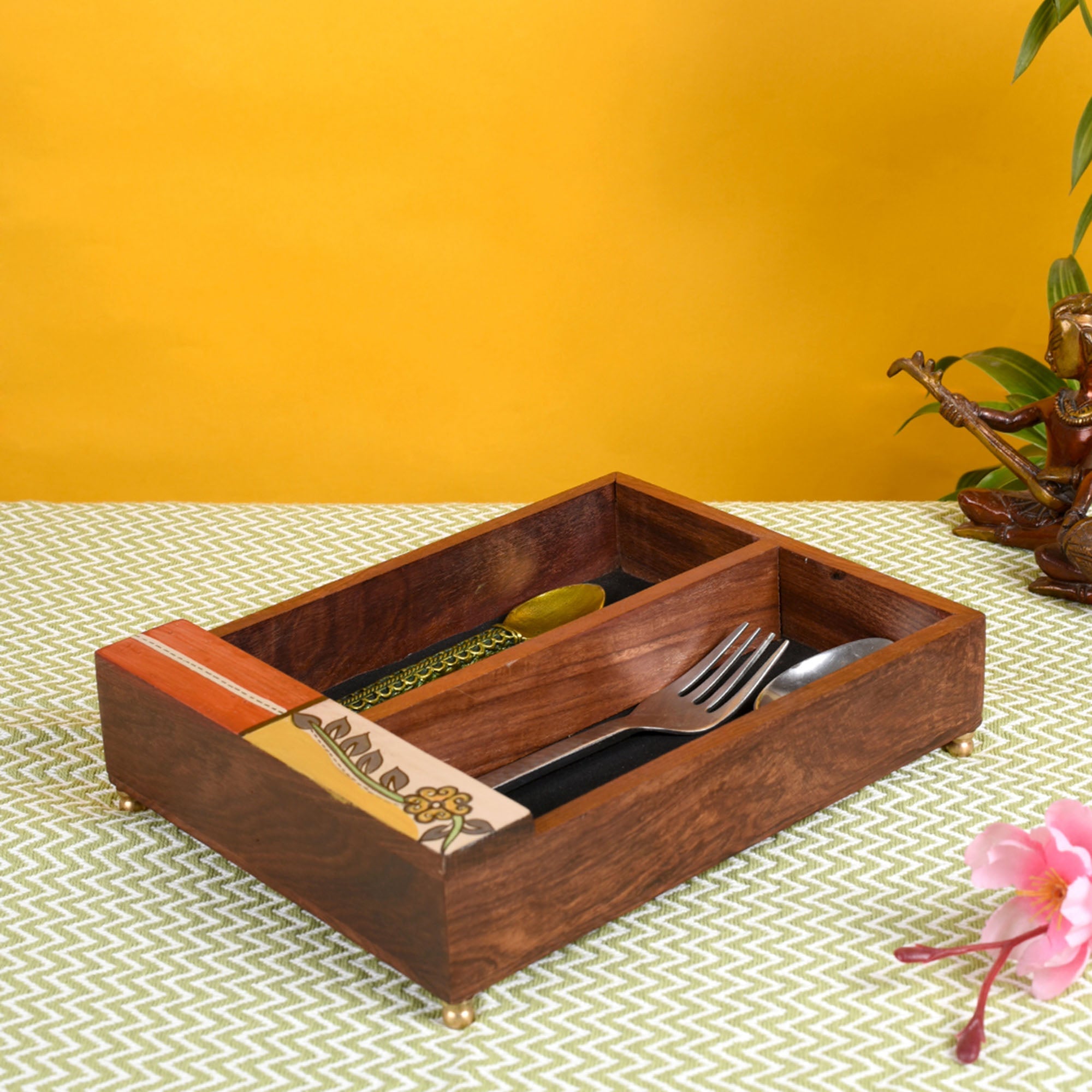 ART CREATIONS BY SUMAN SONTHALIA Brown - Cutlery Holder Handcrafted in Wood with Flower Motif (9x7x2.2")