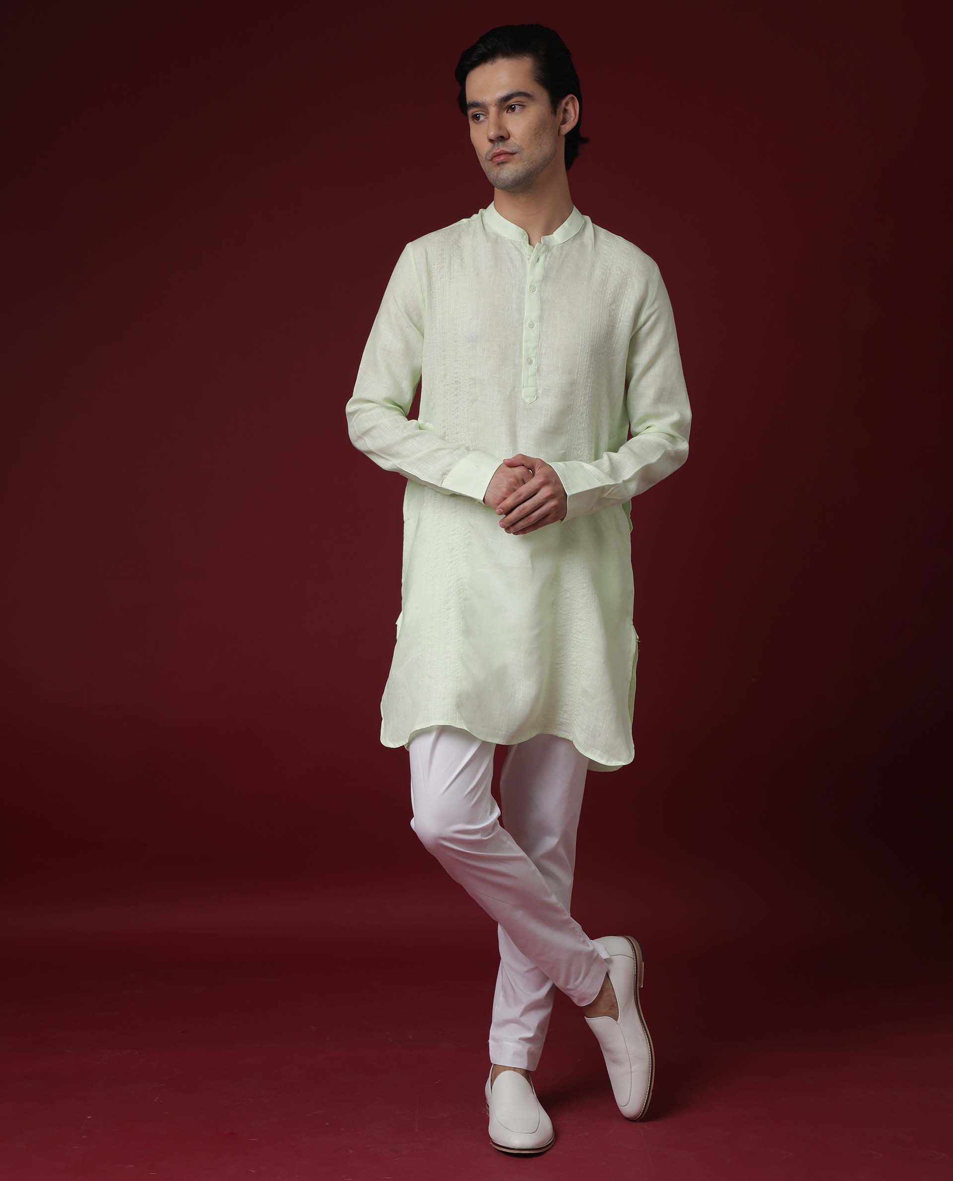 Rare Rabbit President Fluorescent Green Linen Fabric Full Sleeve Mandarin Collar Regular Fit Kurta