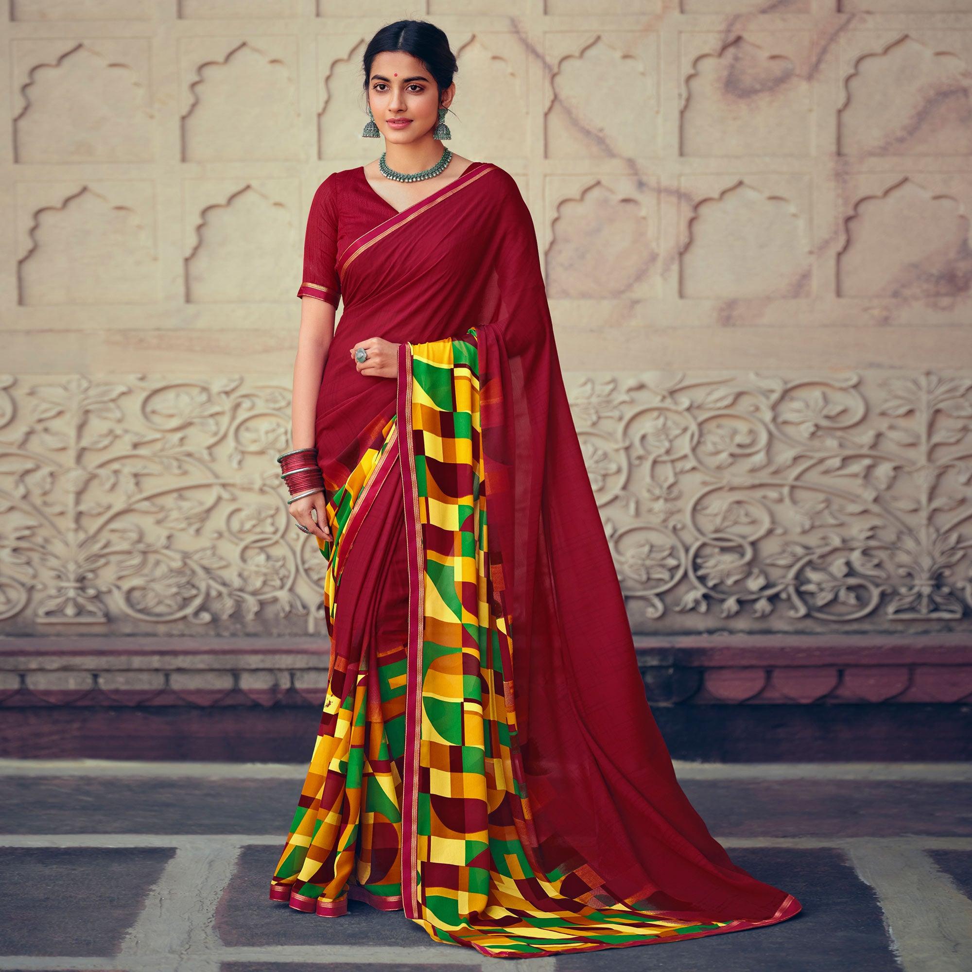 Peachmode Maroon Casual Wear Geometric Printed Heavy Micro Saree