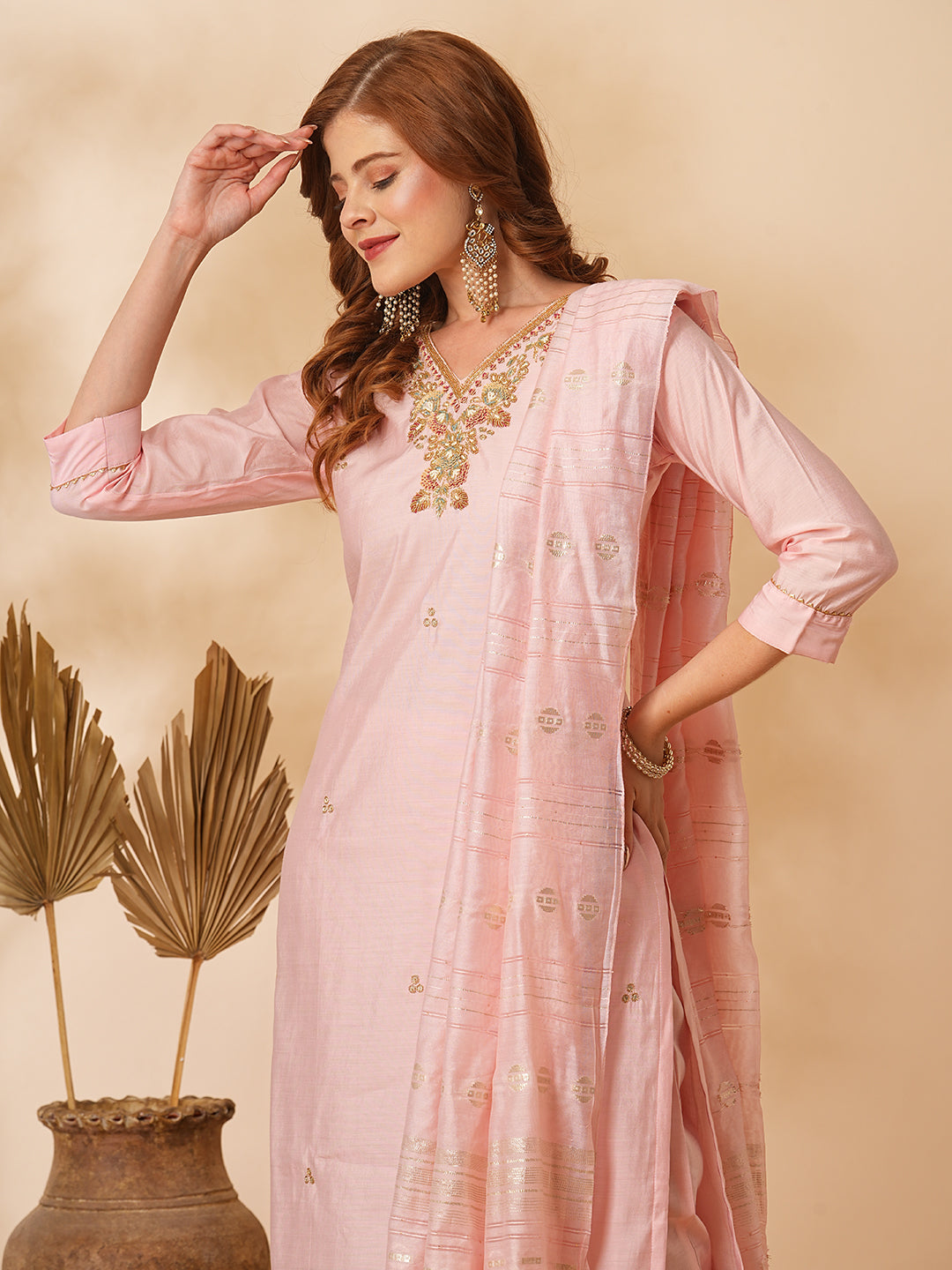 Fashor Solid Floral Hand Embroidered Straight Fit Kurta with Pant & Dupatta - Pink