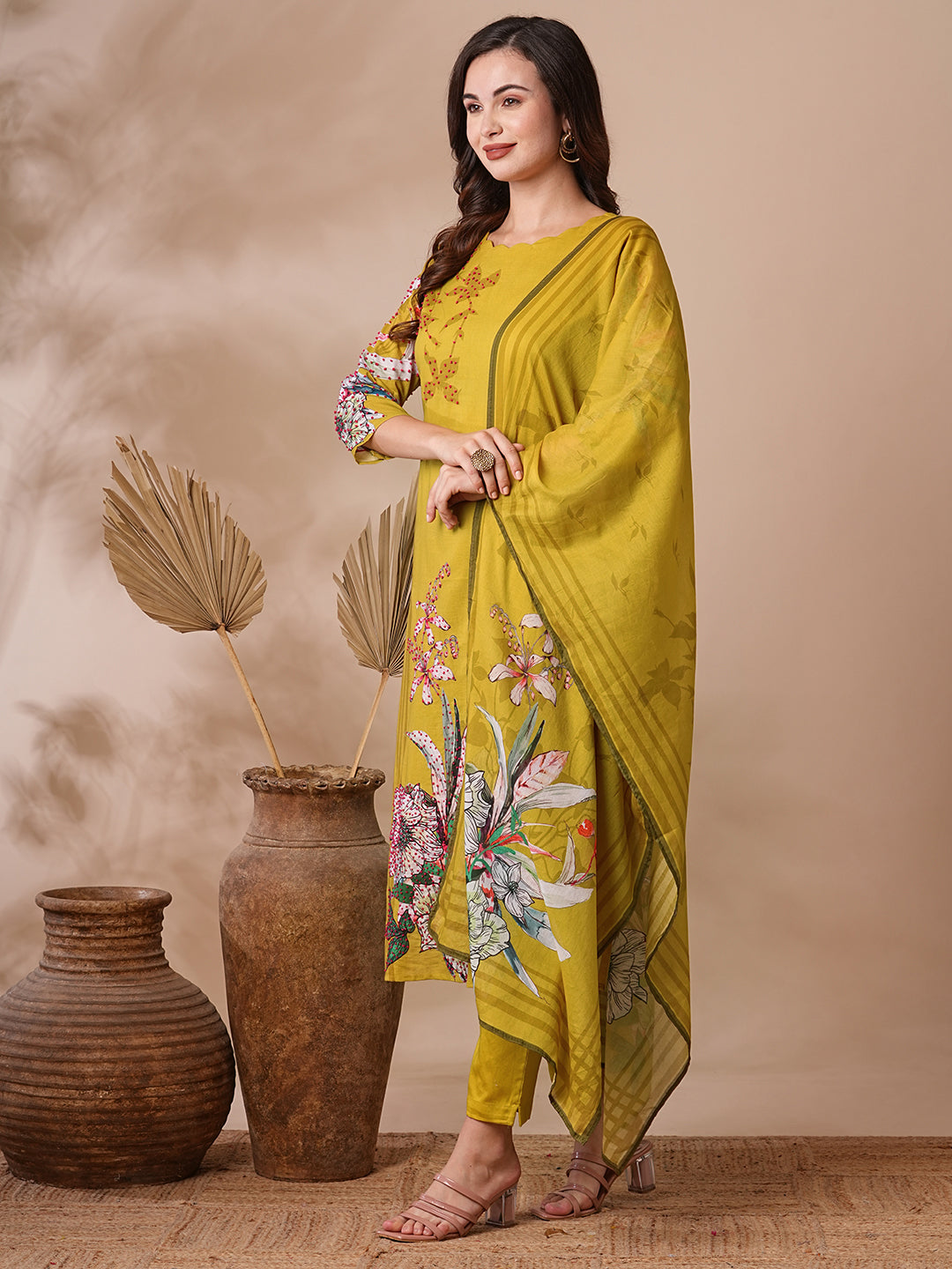 Fashor Floral Printed & Embroidered Straight Kurta with Pant & Dupatta - Lime Green - view 4
