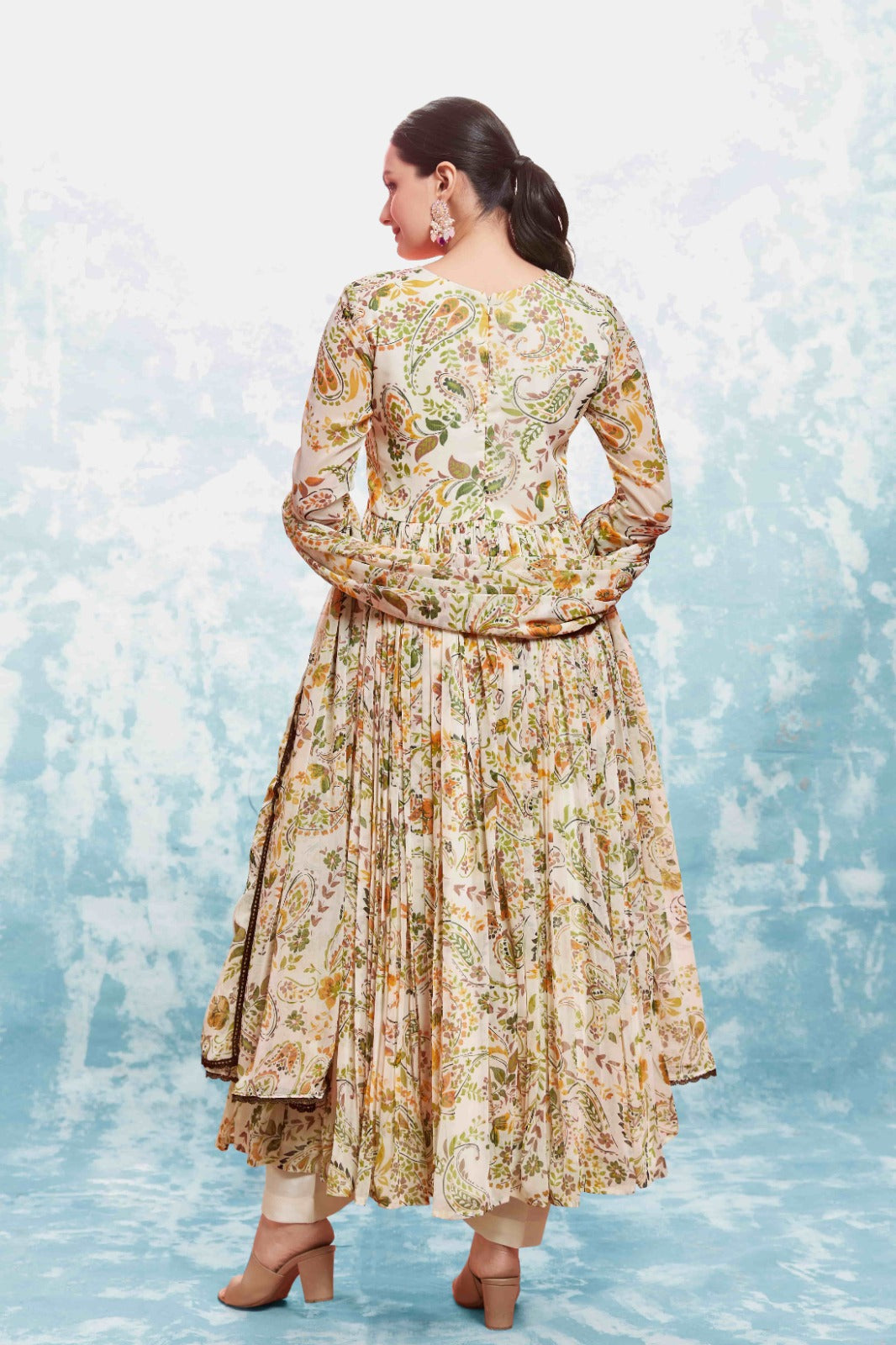 ClothsVilla Beige Georgette Printed Suit Set | Fully Stitched & Ready to Wear - view 7