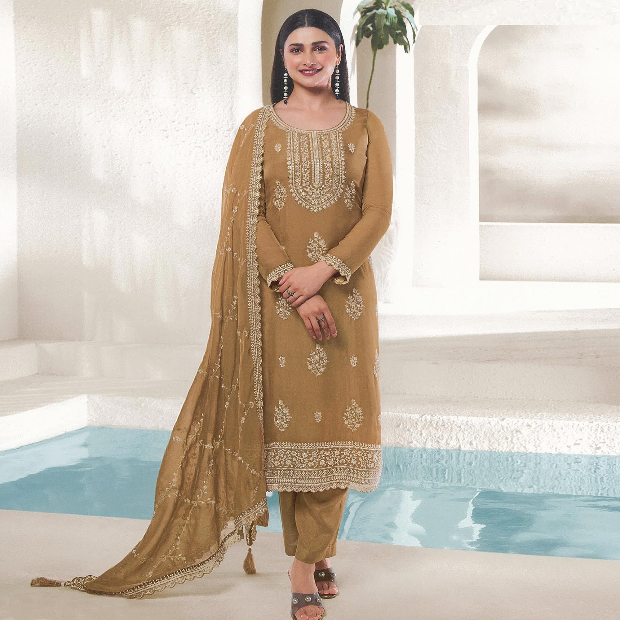 Peachmode Light Brown Floral Embroidered Organza Semi Stitched Salwar Suit - view 2