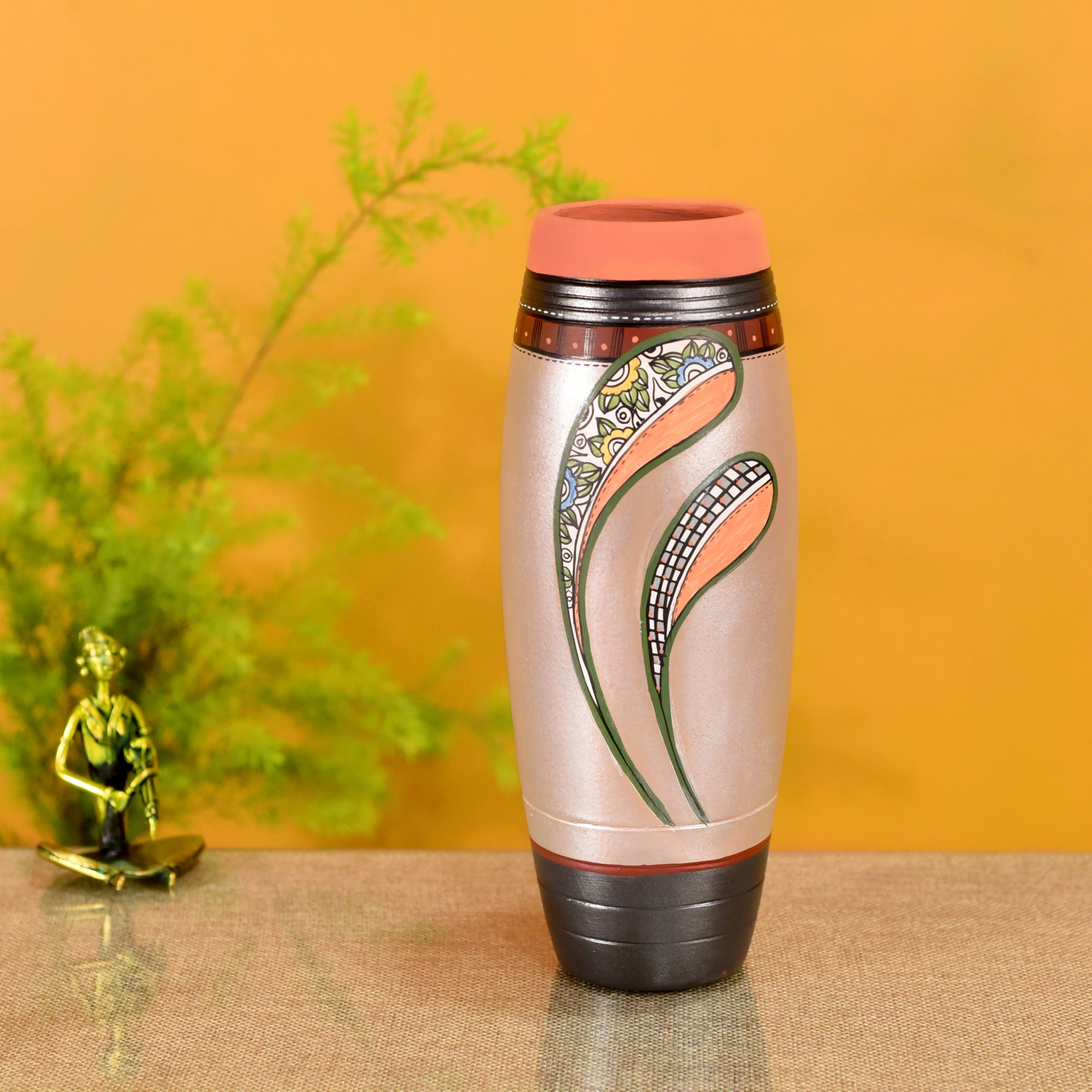 ART CREATIONS BY SUMAN SONTHALIA Autumn Leaf Earthen Vase Handpainted in Tribal Art